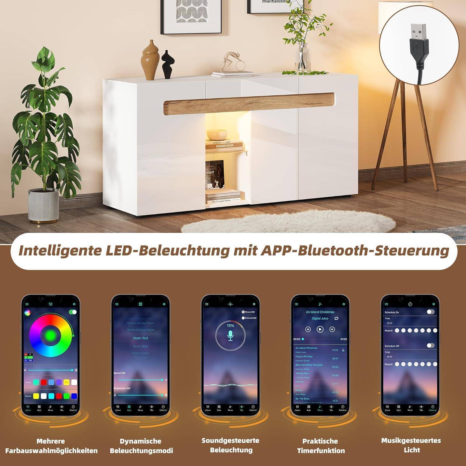 Weiße Sideboard mit integrierter LED-Beleuchtung und App-Bluetooth-Steuerung; die Detailaufnahme zeigt einen USB-Stromanschluss und fünf Smartphone-App-Bildschirme für Farb- und Moduseinstellungen.