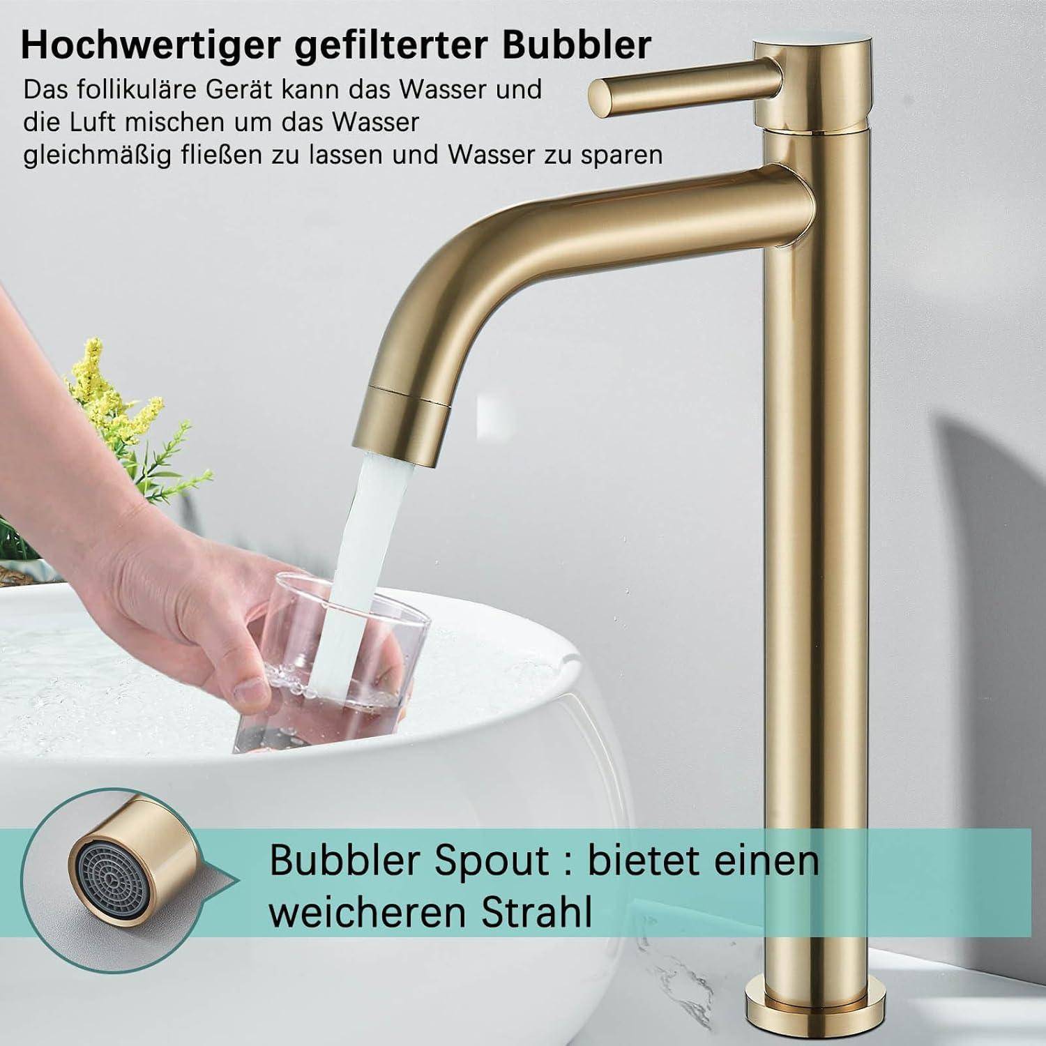 Suguword Gold Bad Wasserhahn Waschtischarmatur Badarmatur hoch Waschbecken Waschtisch Armatur Hoher Auslauf Einhebelmischer für Badezimmer aus