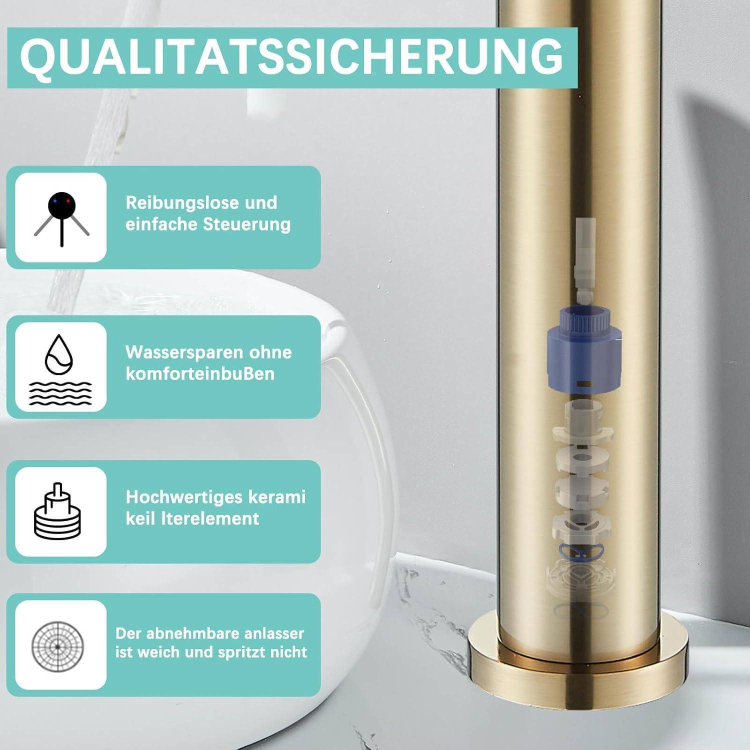 Suguword Gold Bad Wasserhahn Waschtischarmatur Badarmatur hoch Waschbecken Waschtisch Armatur Hoher Auslauf Einhebelmischer für Badezimmer aus