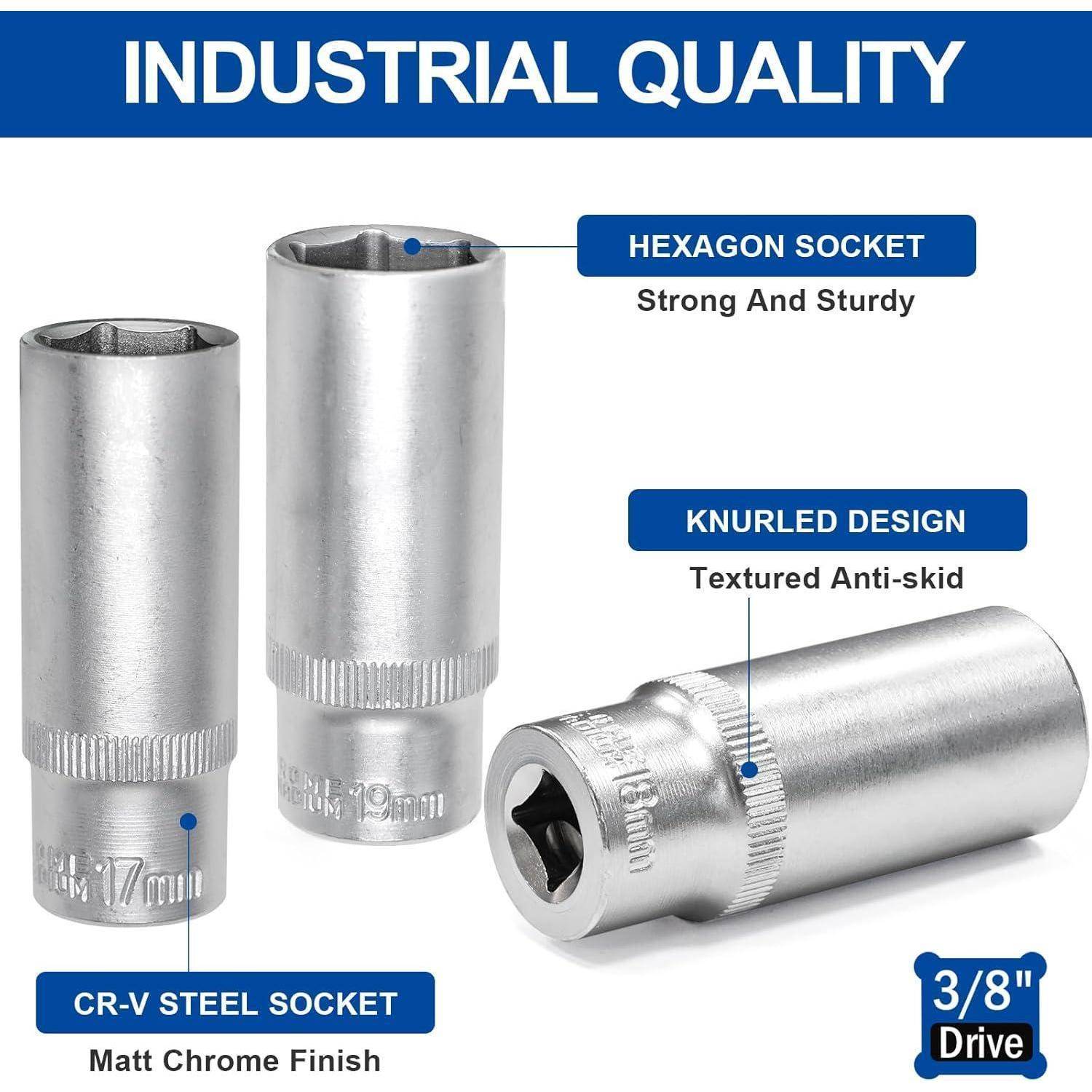 Produktbild von drei verchromten CR-V-Stahlnüssen mit 3/8-Zoll-Antrieb, das Innensechskant-Nuss, strukturiertes rutschfestes Design und industrielle Qualität hervorhebt.