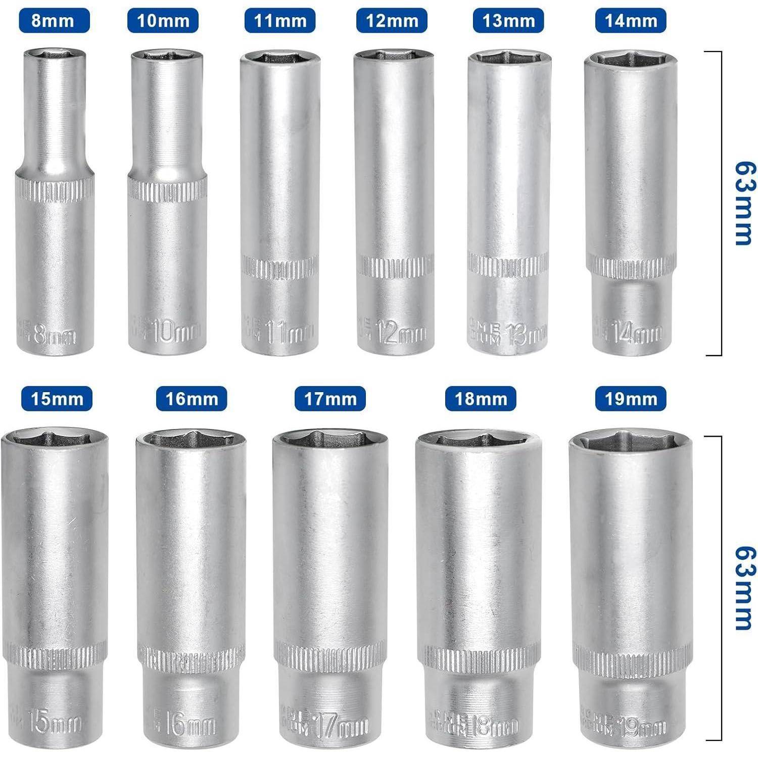 Satz aus zehn silbernen Stecknüssen mit Beschriftung von 8 mm bis 19 mm, jeweils 63 mm lang, in zwei Reihen dargestellt.