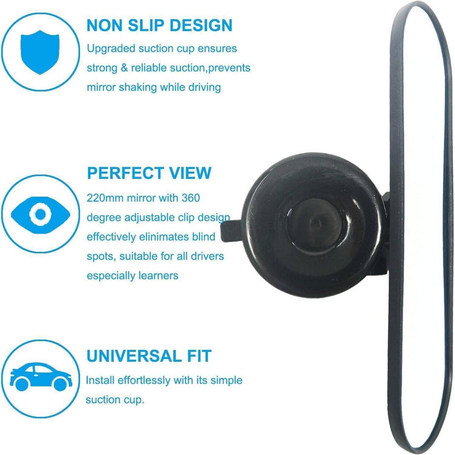 Produktbild eines Autospiegels mit Saugnapf und Clip, das rutschsicheres Design, perfekte Sicht und universelle Passform hervorhebt.