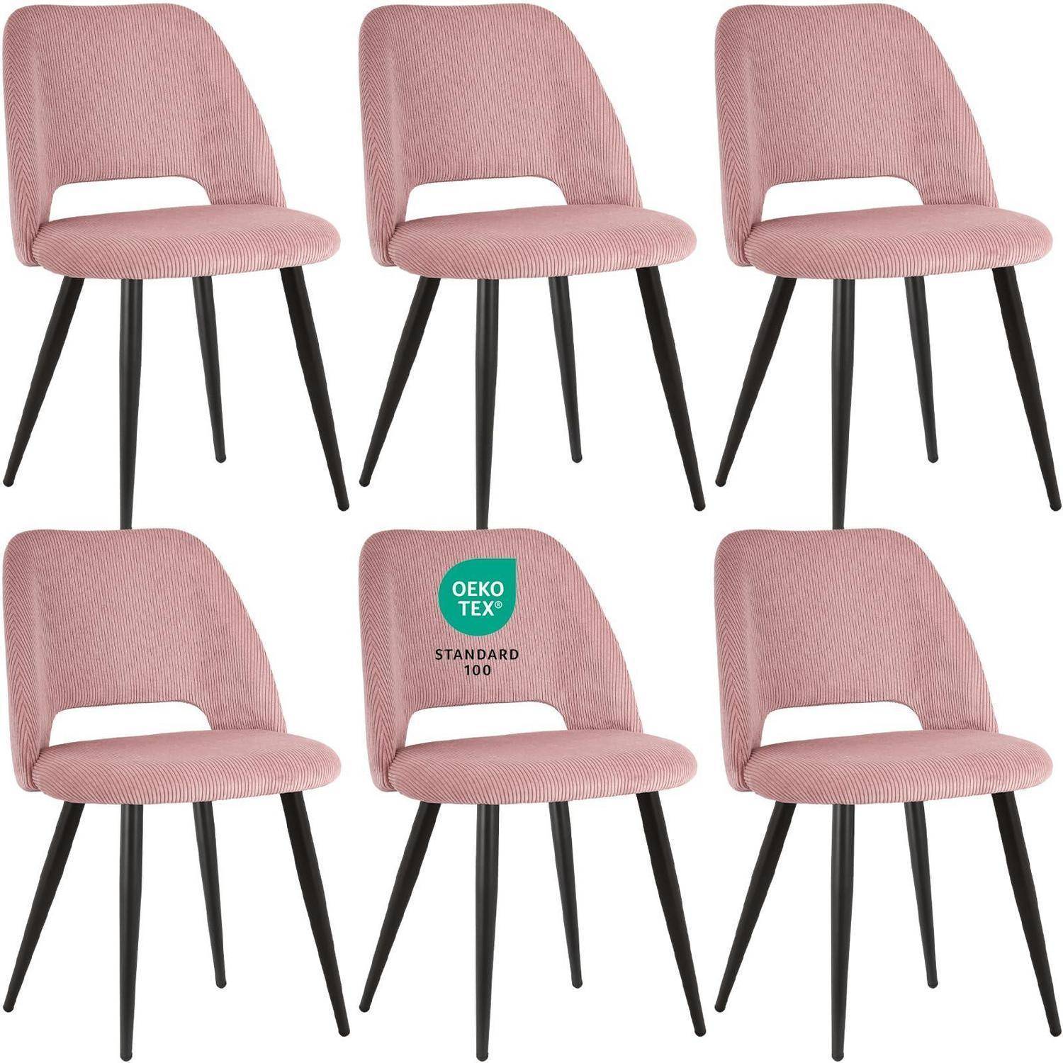 Sechs rosa gepolsterte Esszimmerstühle mit schwarzen konischen Beinen, gezeigt in einer Produktkollage; ein Stuhl trägt ein Oeko-Tex Standard 100-Zertifikat.