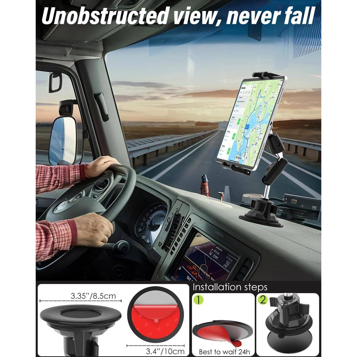 Autodashboard mit einem auf einem Windschutzscheibenständer montierten Telefon zur Navigation; der Text besagt „Ungehinderter Blick, nie fallen" und zeigt Installationsschritte.