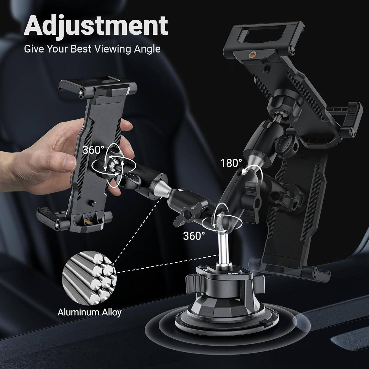 Verstellbare Autotelefonhalterung mit 360°-Rotation und 180°-Neigung, Aluminium-Legierungskonstruktion und Saugnapfbasis für die Verwendung auf dem Armaturenbrett.