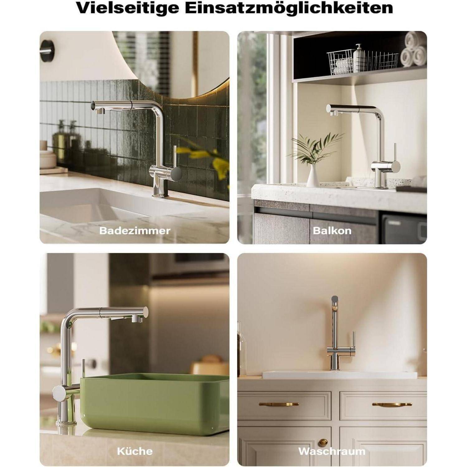 Werbekollage eines Küchenarmatur in vier Einstellungen mit den Bezeichnungen „Badezimmer