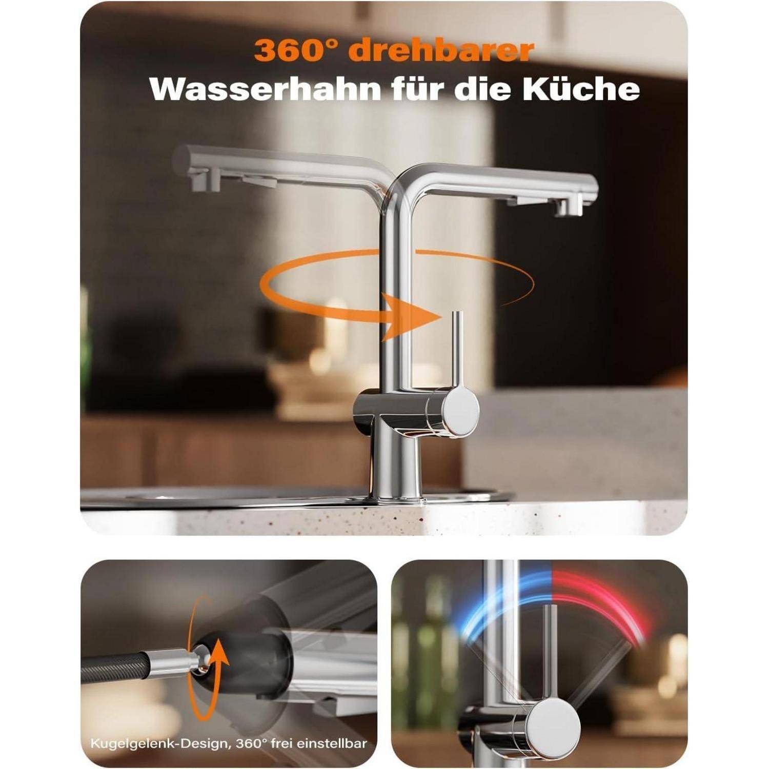 Werbebild eines Küchenarmatur mit 360°-Schwenker, das die Rotation zeigt und eine Nahaufnahme des verstellbaren Kugelgelenks enthält.