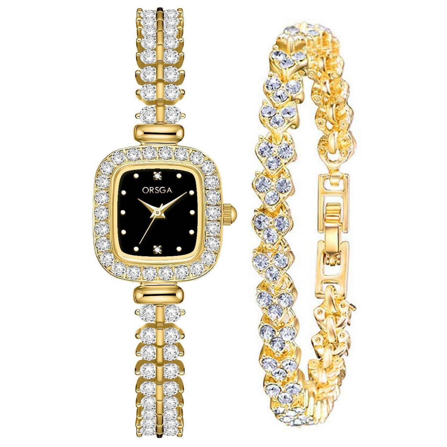Goldene Orsga-Armbanduhr mit schwarzem Quadratzifferblatt und Diamantbesatz, gezeigt neben einem passenden Gold- und Diamant-Armband.