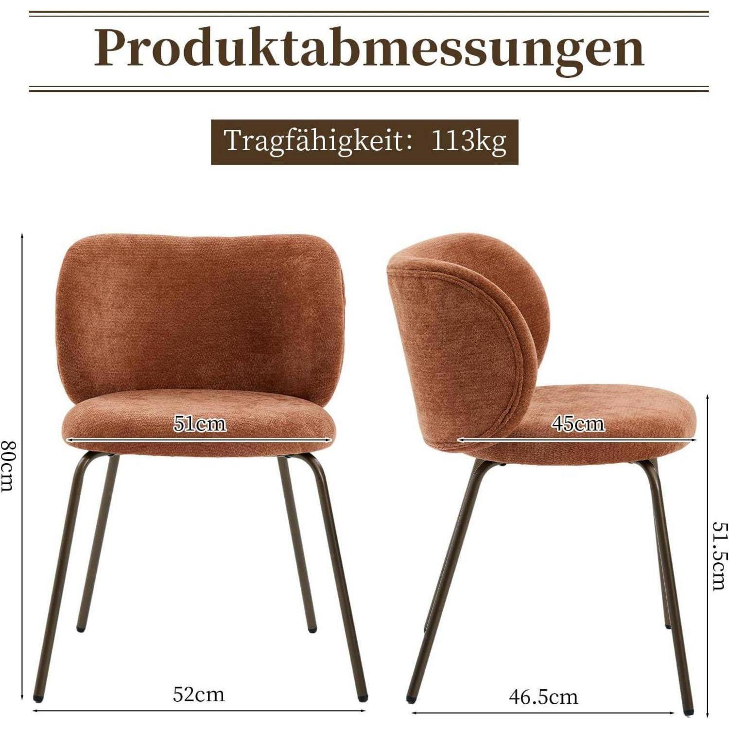 Produktabmessungen eines braunen Stuhls: 80 cm hoch, 52 cm breit, 51 cm tief; Sitzfläche 51 cm breit und 45 cm tief; Tragfähigkeit 113 kg.