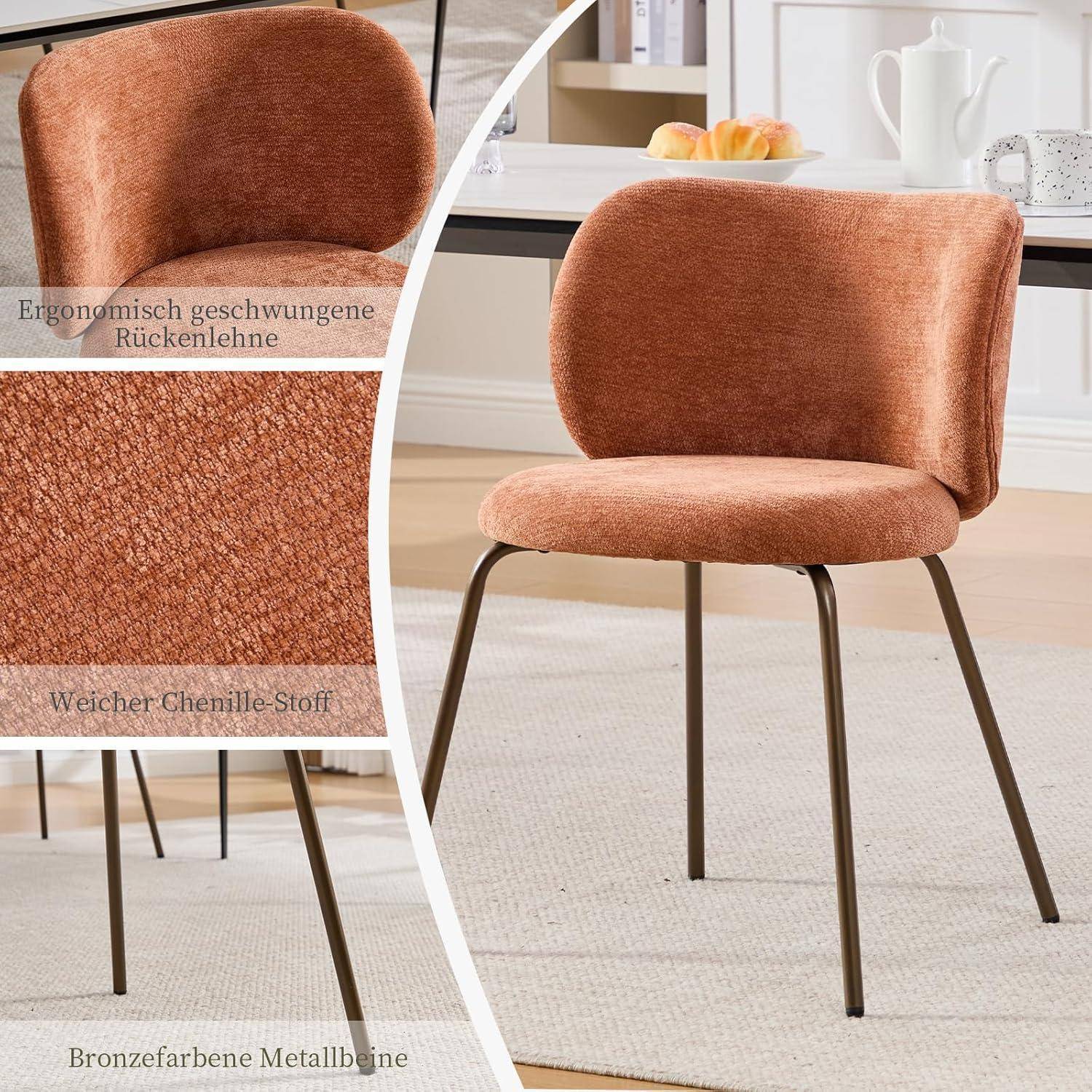 Orangefarbener Sessel mit Chenille-Polsterung, gebogenem Rückenlehne und bronzefarbenen Metallbeinen, in einem hellen Raum dargestellt; eingesetzte Nahaufnahmen mit Beschriftung ergonomische Rückenlehne, weiches Gewebe und Metallbeine.