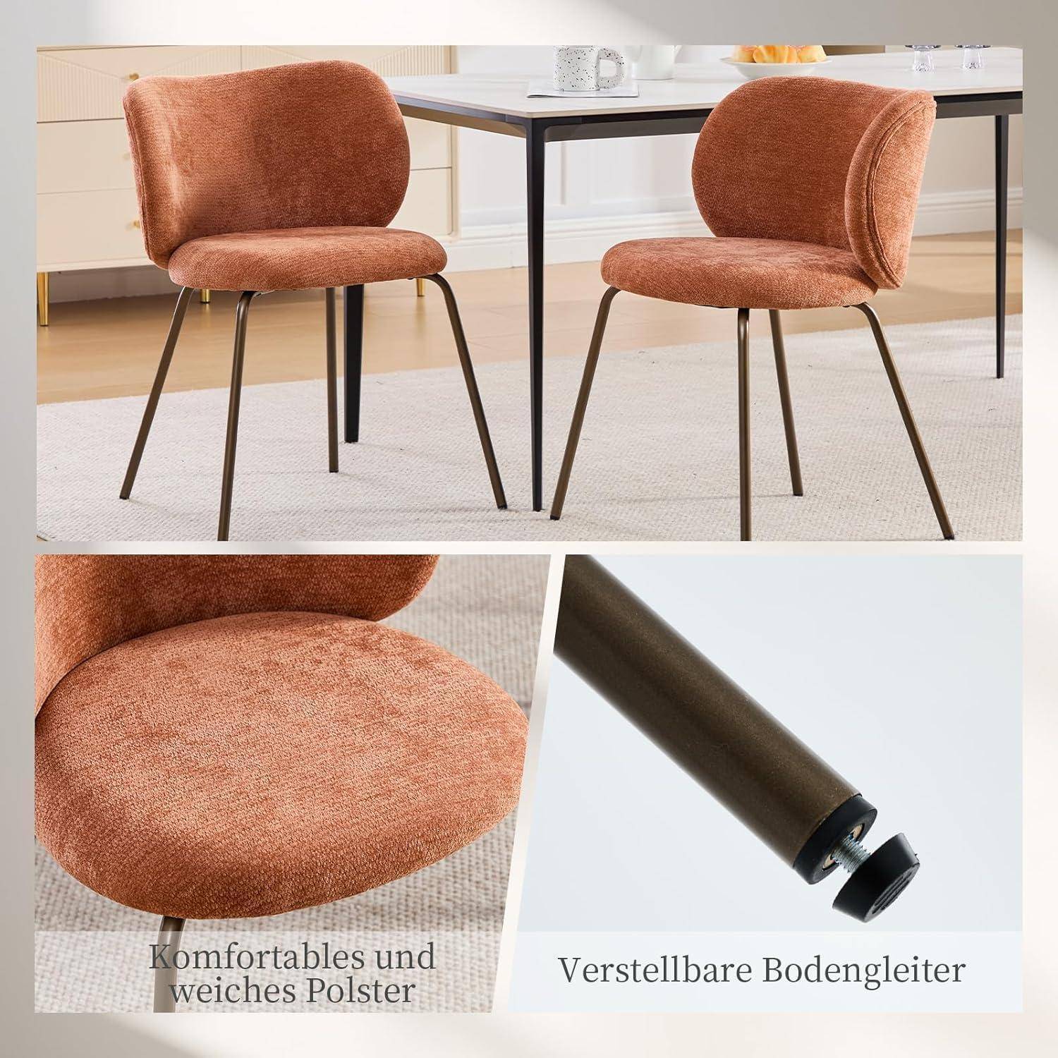 Collage aus zwei rostfarbenen gepolsterten Esszimmerstühlen an einem Tisch mit Nahaufnahmen, die weiches Polster und verstellbare Bodengleiter hervorheben; deutscher Text lautet „Komfortables und weiches Polster