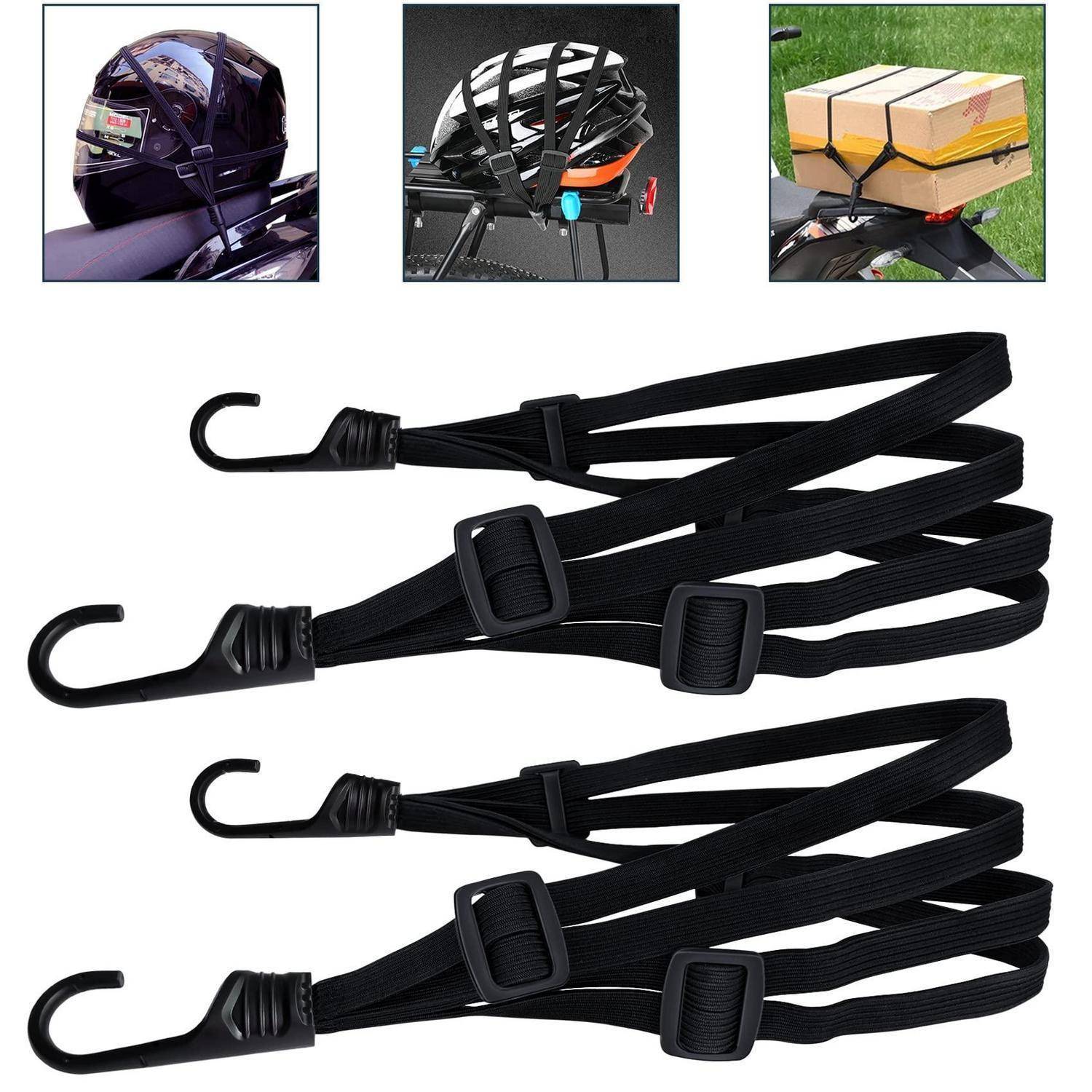 Schwarze elastische Ladungsgurte mit Haken und verstellbaren Schnallen, die einen Motorradhelm und eine Kiste auf einem Fahrradträger sichern.