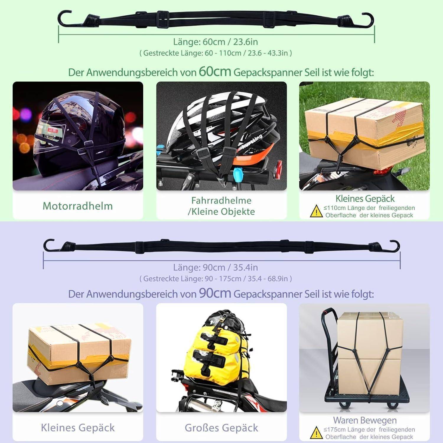 Infografik zum Vergleich von 60 cm und 90 cm Frachtspannseilen, die gestreckte Längen und empfohlene Verwendungen für Motorradhelme, Fahrräder und kleine, große oder sperrige Lasten zeigen.