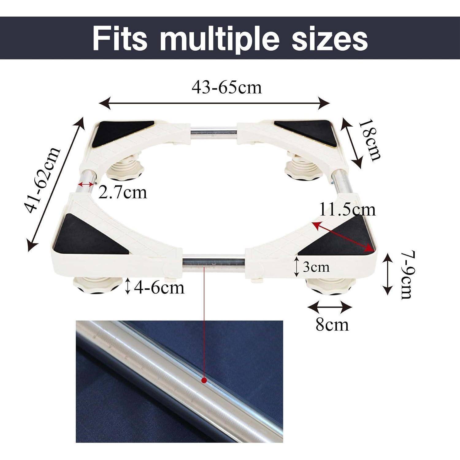Diagramm verstellbarer Gerätefüße mit Passung für mehrere Größen, mit beschrifteten Abmessungen 43-65 cm Breite, 41-62 cm Länge und weitere Messungen