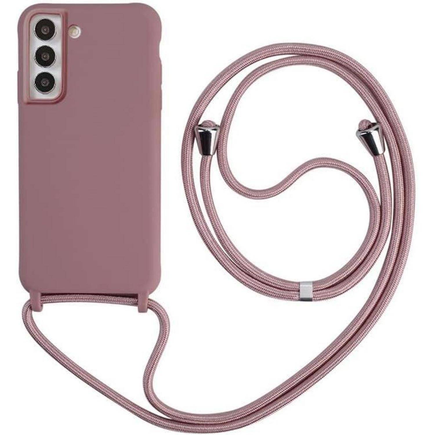 Rosa Smartphone-Hülle mit angebrachtem Umhängegurt und verstellbarem Riemen, gezeigt mit einem Telefon mit Dreifach-Kamera.
