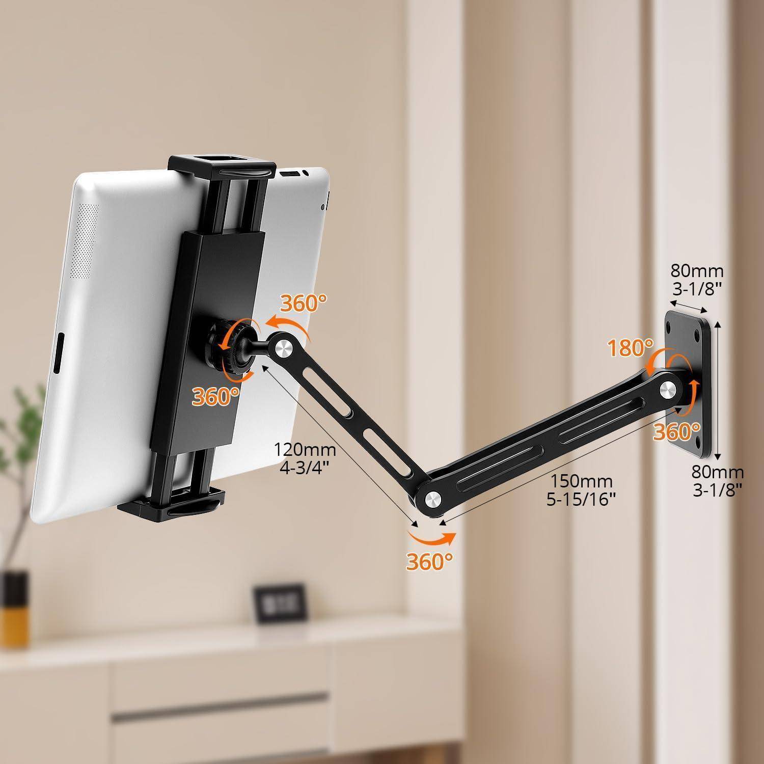 Verstellbarer wandmontierter Tablet-Arm mit 360°- und 180°-Drehung, zeigt 120-mm- und 150-mm-Armlängen und 80-mm-Wandplattenmontage.
