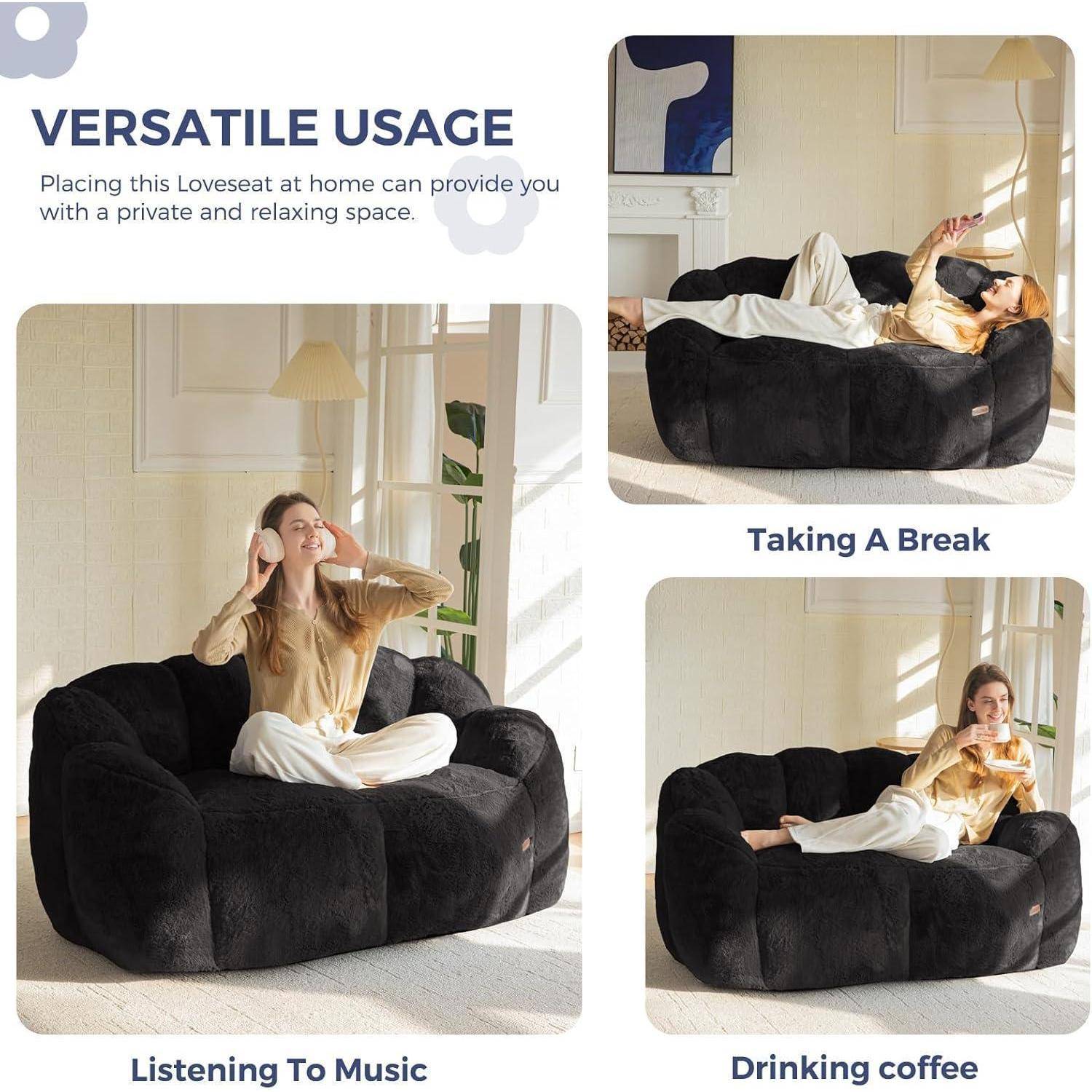 MAXYOYO Sitzsack, Floralförmige 2 Sitzer Sofa mit Memory-Foam Füllung, Weiches Kunstfell Sitzsack Giant für Wohnzimmer Schlafzimmer Schwarz 150*90*