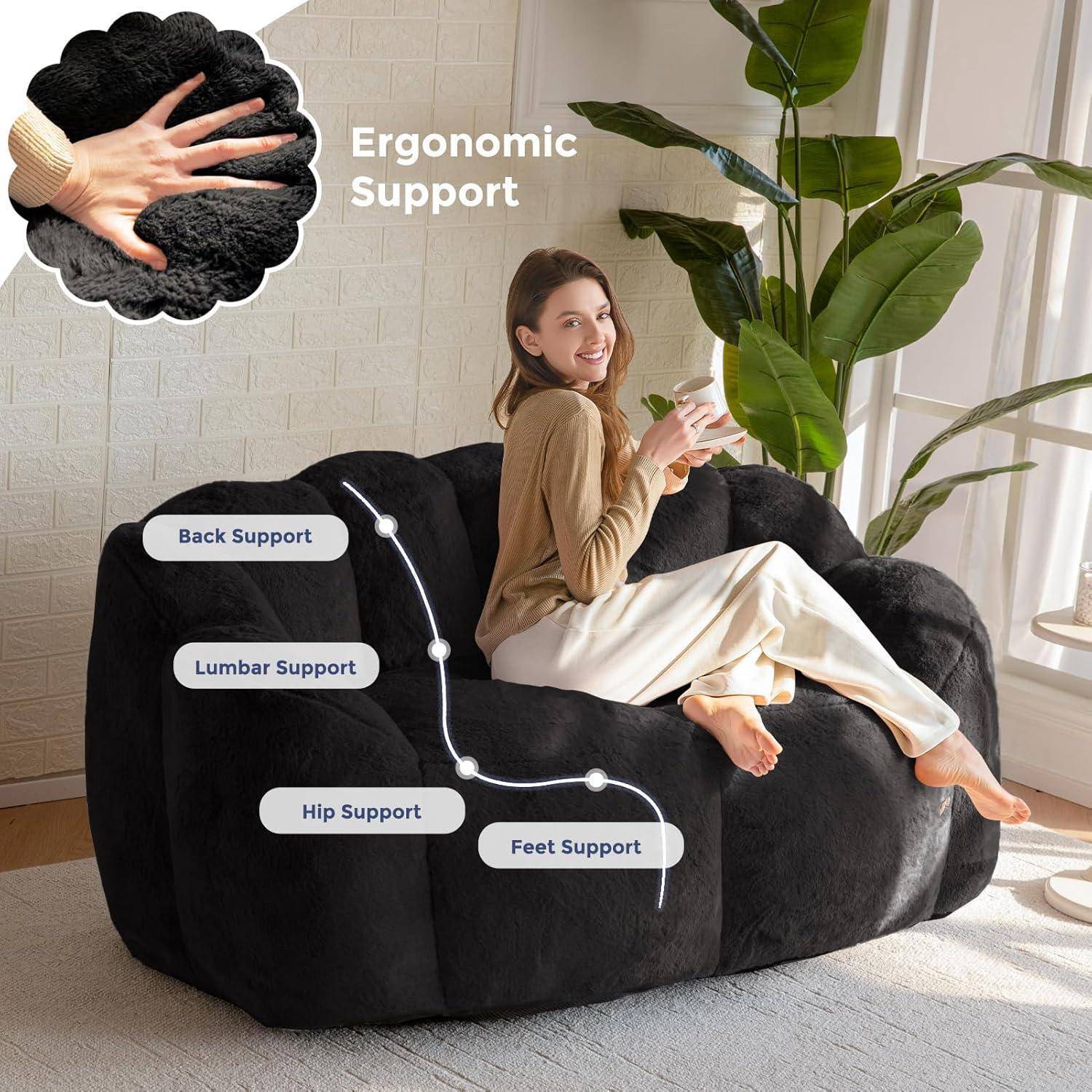 MAXYOYO Sitzsack, Floralförmige 2 Sitzer Sofa mit Memory-Foam Füllung, Weiches Kunstfell Sitzsack Giant für Wohnzimmer Schlafzimmer Schwarz 150*90*