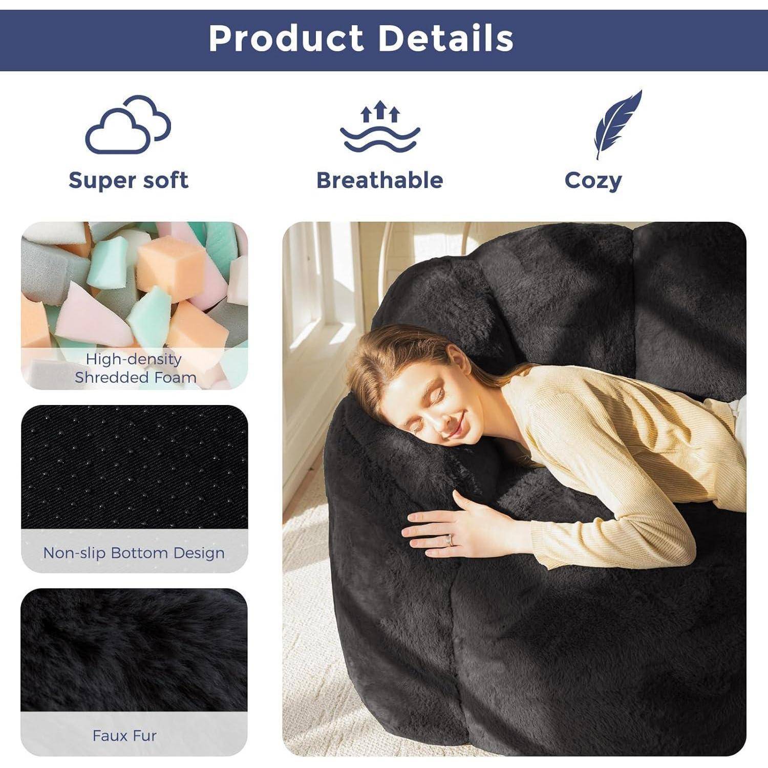 MAXYOYO Sitzsack, Floralförmige 2 Sitzer Sofa mit Memory-Foam Füllung, Weiches Kunstfell Sitzsack Giant für Wohnzimmer Schlafzimmer Schwarz 150*90*