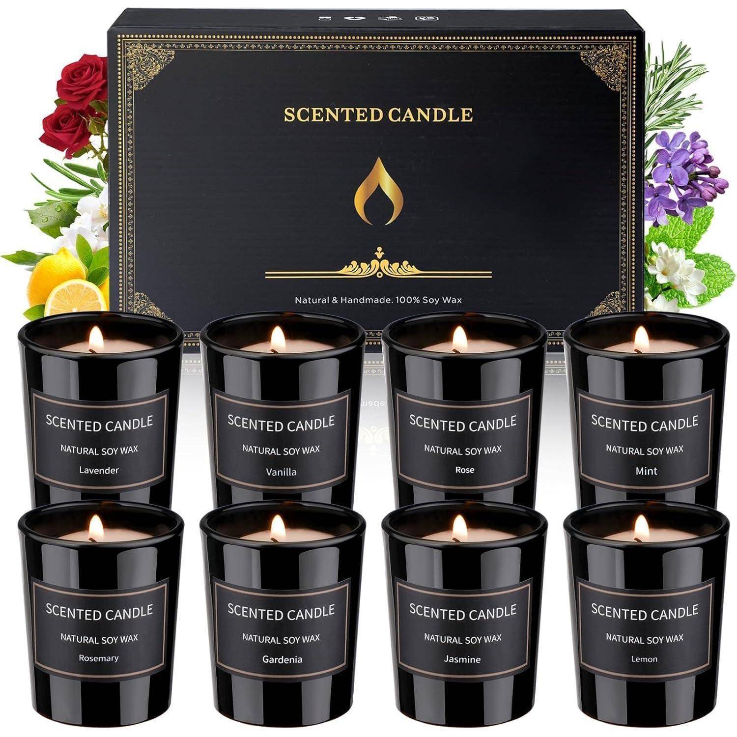 Acht duftende Kerzen in schwarzen Glaskugeln mit Etiketten für Lavendel, Vanille, Rose, Minze, Rosmarin, Gardenie, Jasmin und Zitrone, gezeigt mit einer dekorativen Geschenkbox.