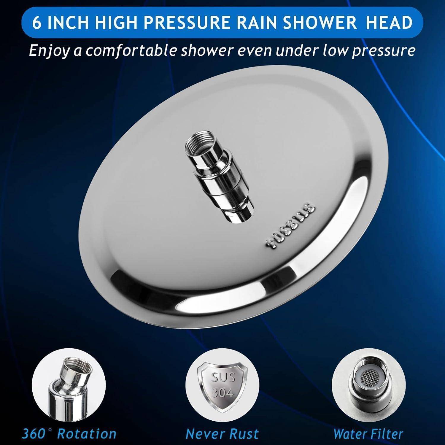 Werbebild eines 6 Zoll großen Hochdruck-Regenduschkopfes mit 360°-Rotation, SUS 304 Edelstahl und Wasserfilterfunktionen; der Text besagt, dass er unter niedrigem Druck funktioniert.