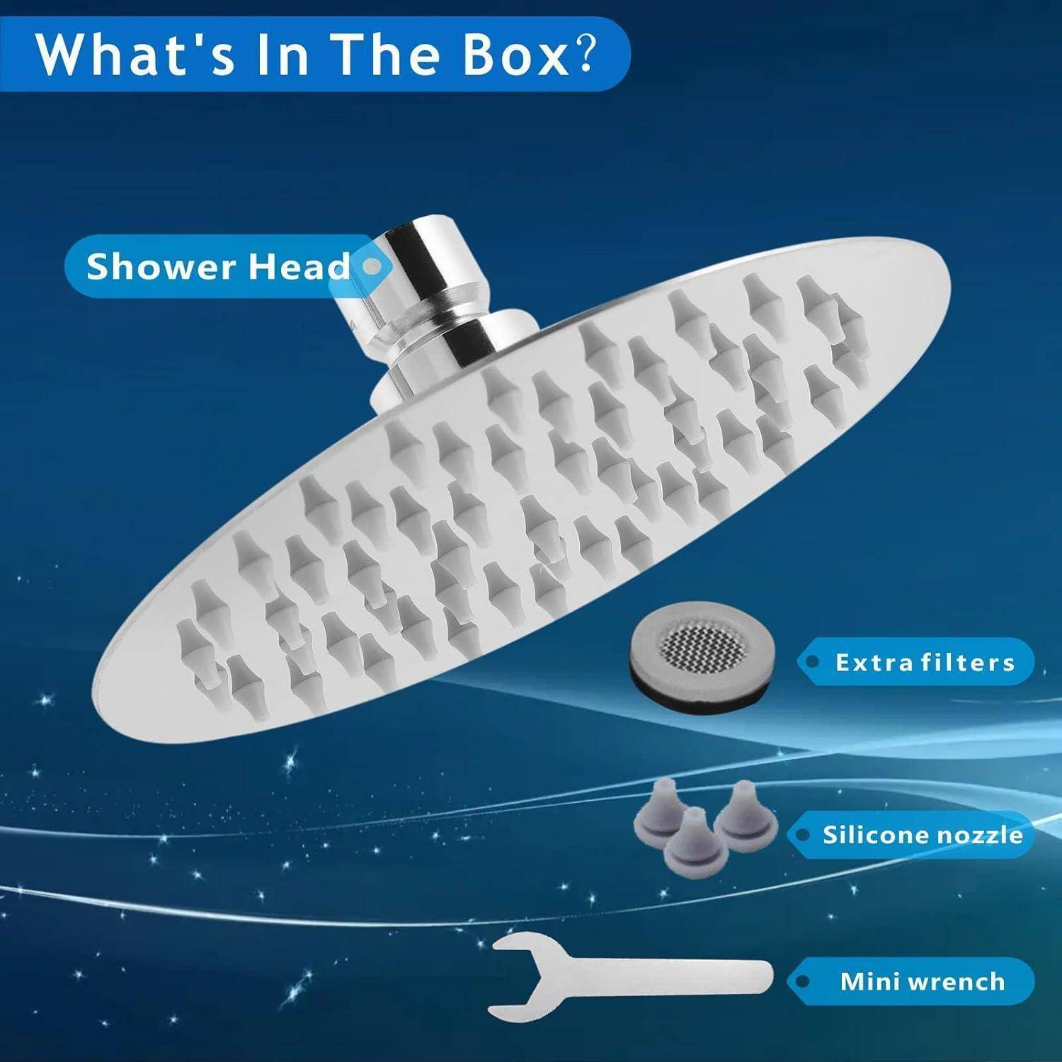 Produktinhaltsdiagramm mit Duschkopf, zusätzlichen Filtern, Silikonüsen und einem Mini-Schraubenschlüssel unter der Überschrift „Was ist in der Schachtel?