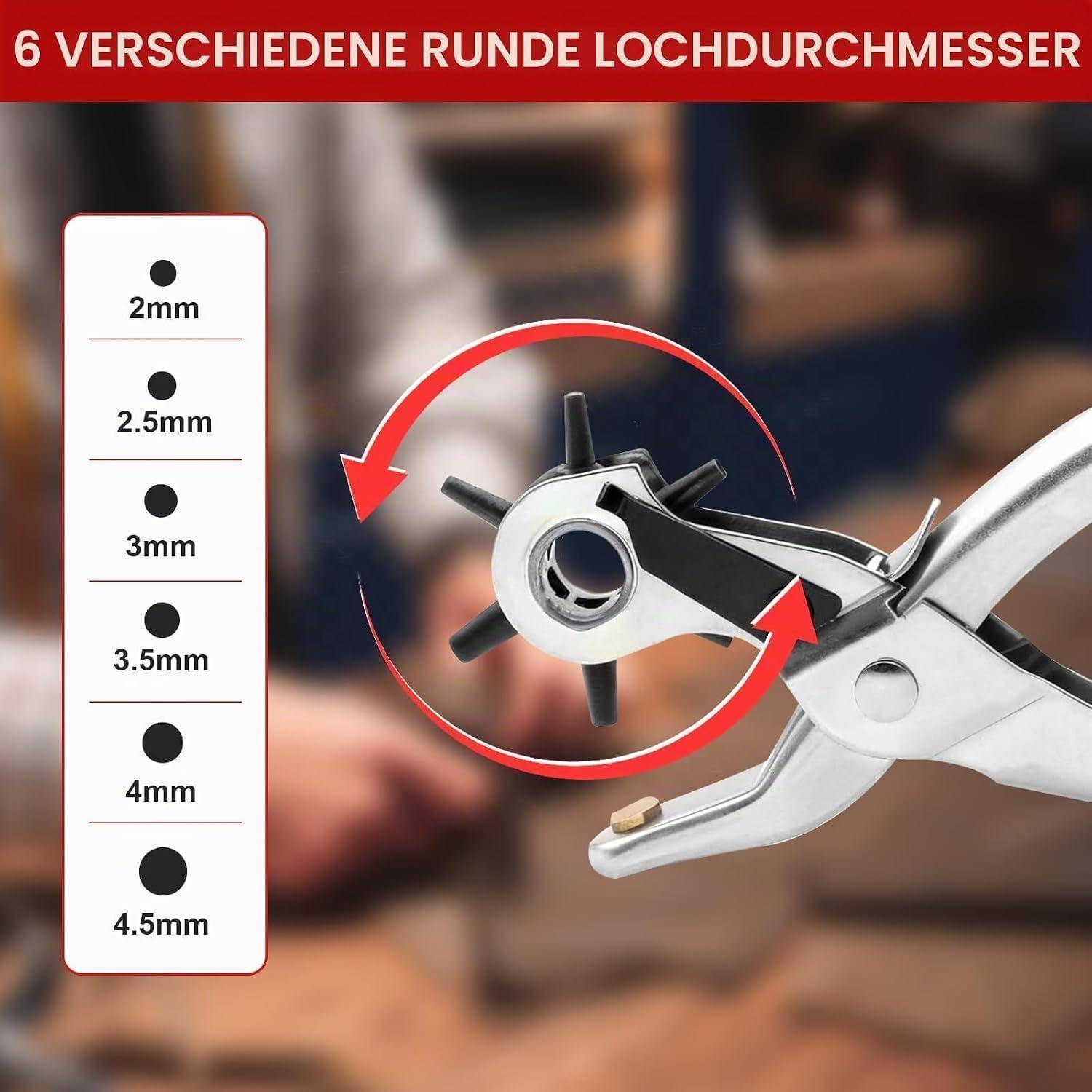 Handwerkzeug mit rotierendem Stanzerkopf mit 6 runden Lochgrößen: 2mm, 2,5mm, 3mm, 3,5mm, 4mm und 4,5mm.