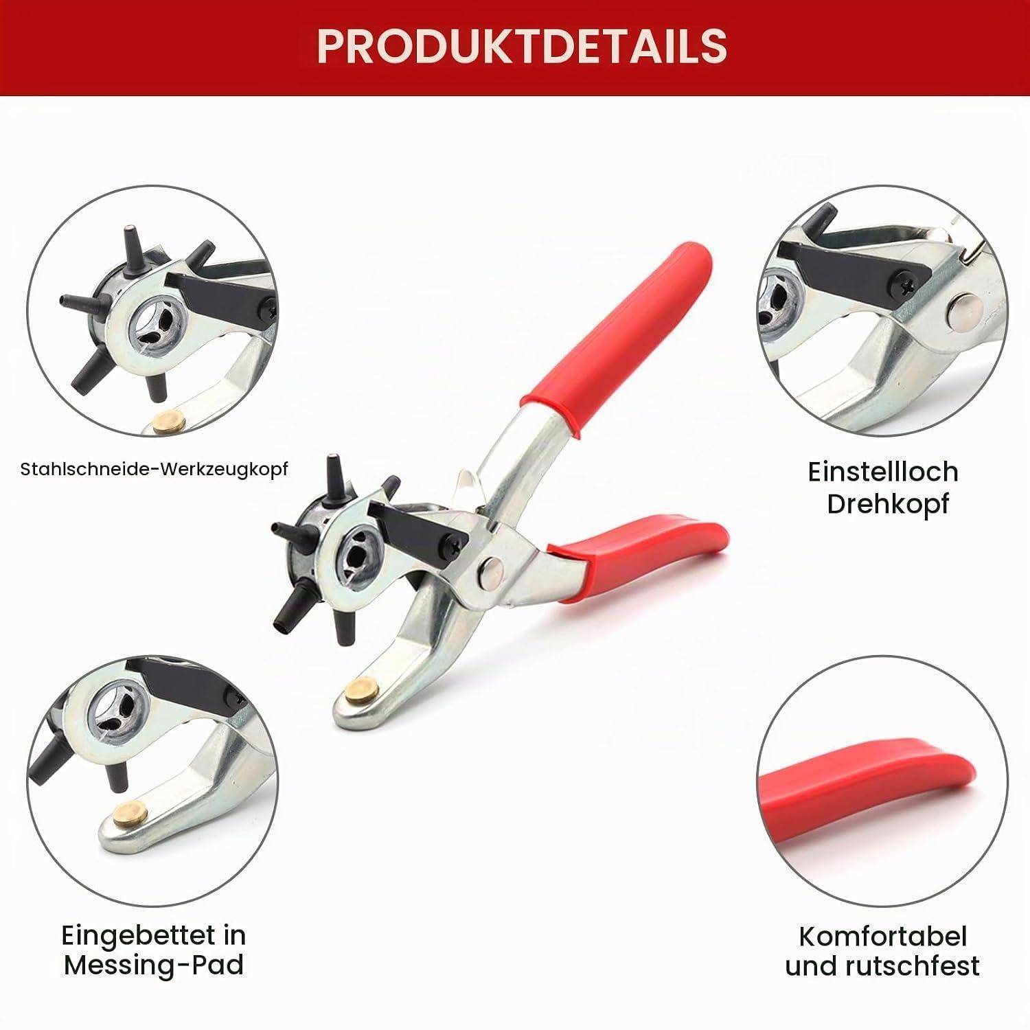 Produktdetailbild einer Rotationslochstanze mit rotem Griff, mit Beschriftungen, die den Stahlschneidekopf, den verstellbaren rotierenden Kopf, die Messingauflage und den rutschfesten Komfortgriff zeigen.