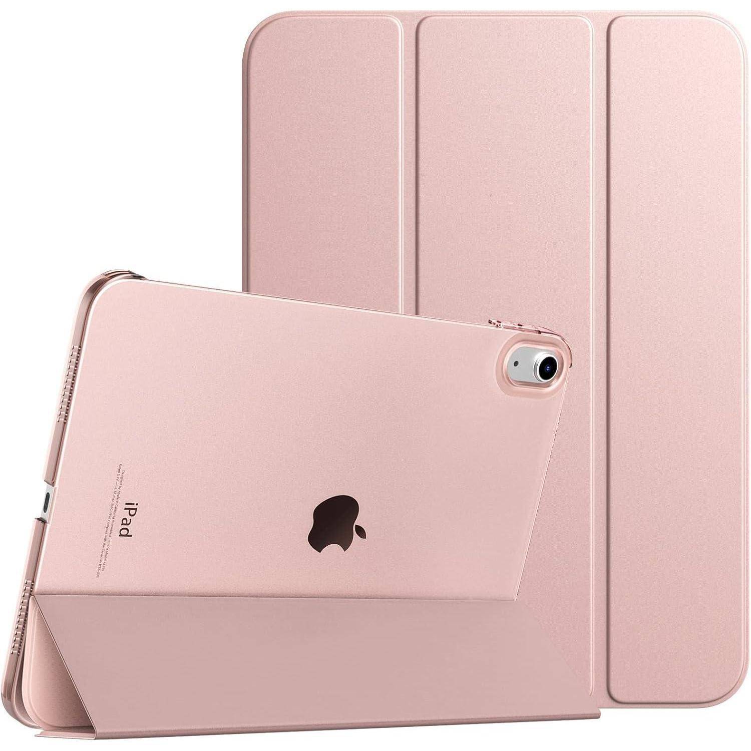 Rosa Roségold-iPad mit passendem Klappetui, von hinten gezeigt und aufgeklappt, um das Gerät und die Hülle zu präsentieren.