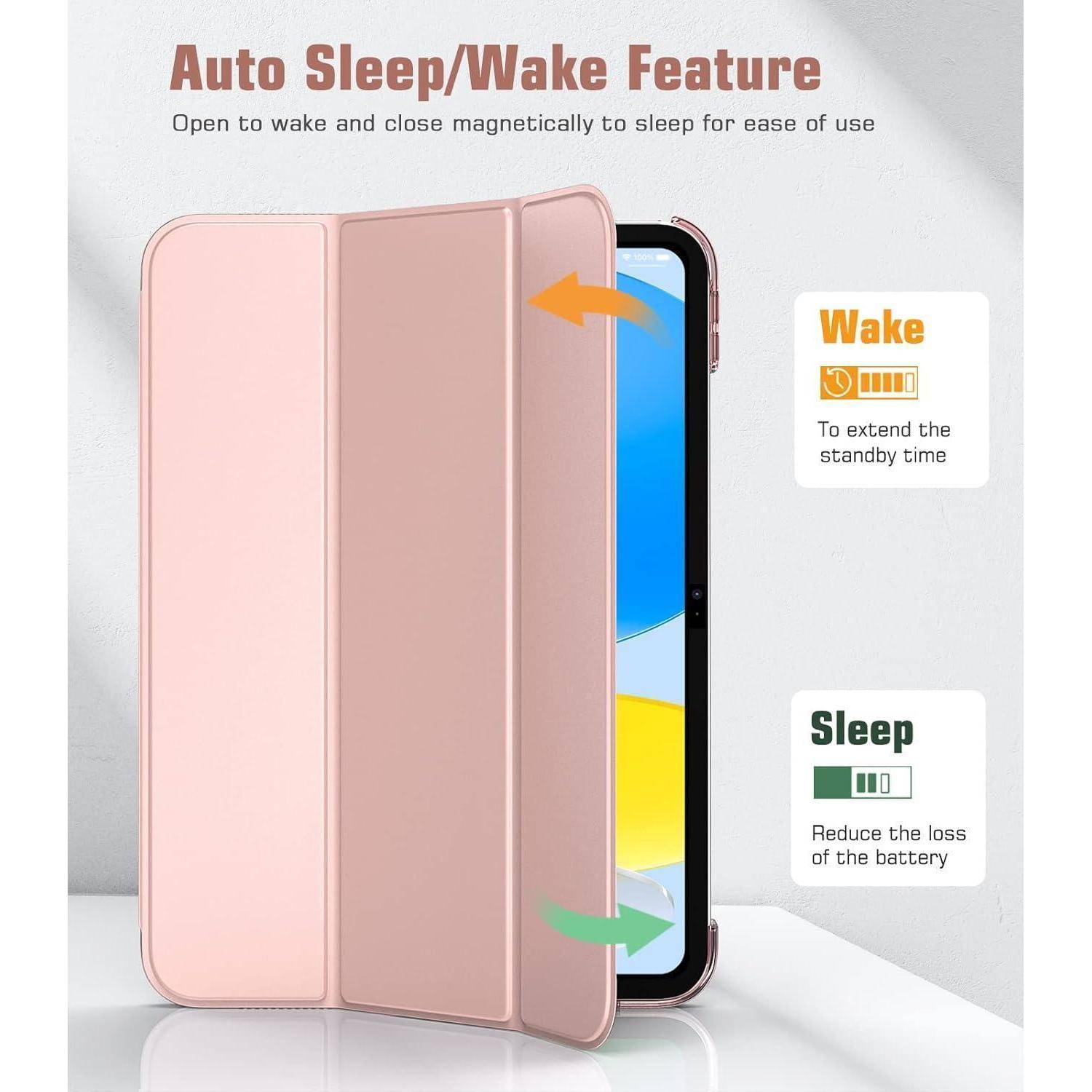 Illustration einer Handyhülle mit „Auto-Sleep/Wake-Funktion": Öffnen zum Aktivieren des Telefons, Schließen zum Ruhemodus; Notizen besagen, dass „Wake"" die Standby-Zeit verlängert und „Sleep"" den Batterieverbrauch reduziert.