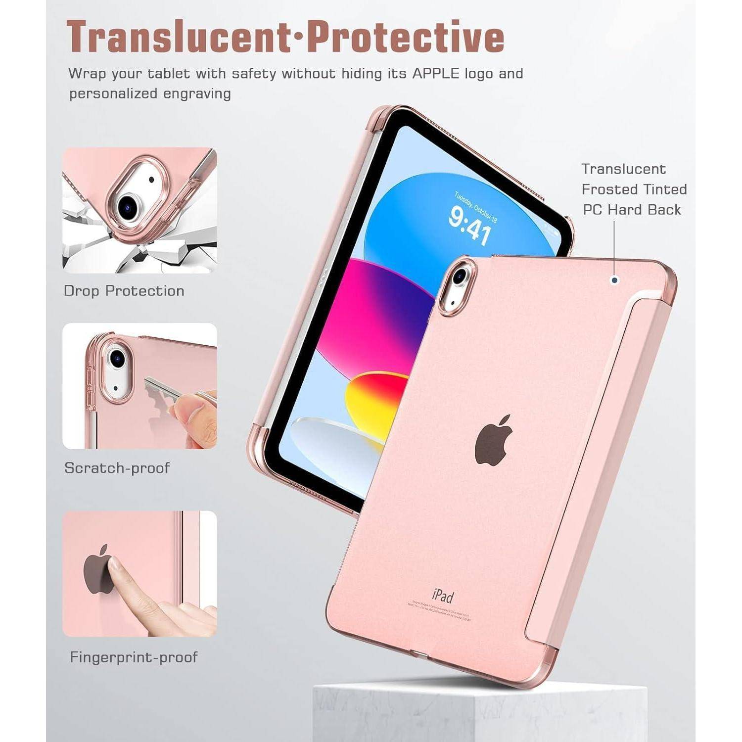Angebot für ein durchsichtiges rosafarbenes iPad-Schutzetui mit Schutzfunktionen: Fallschutz, kratzerresistent, fingerabdruckresistent und gehärtete matte Rückseite; Apple-Logo sichtbar.