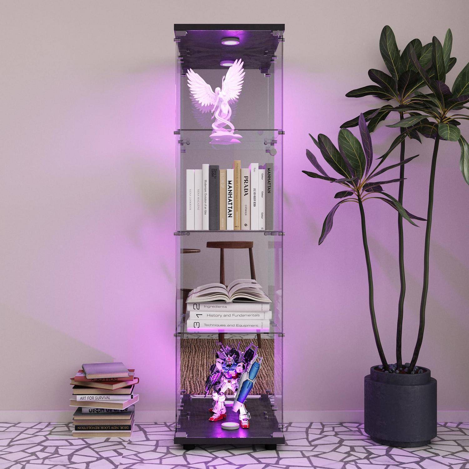 Vitrine aus Glas mit LED und Spiegel, freistehende Vitrine aus Glas mit 1 Tür 4 Einlegeböden transparent Möbel Vitrine Glas Sammlervitrine Wohnzimm