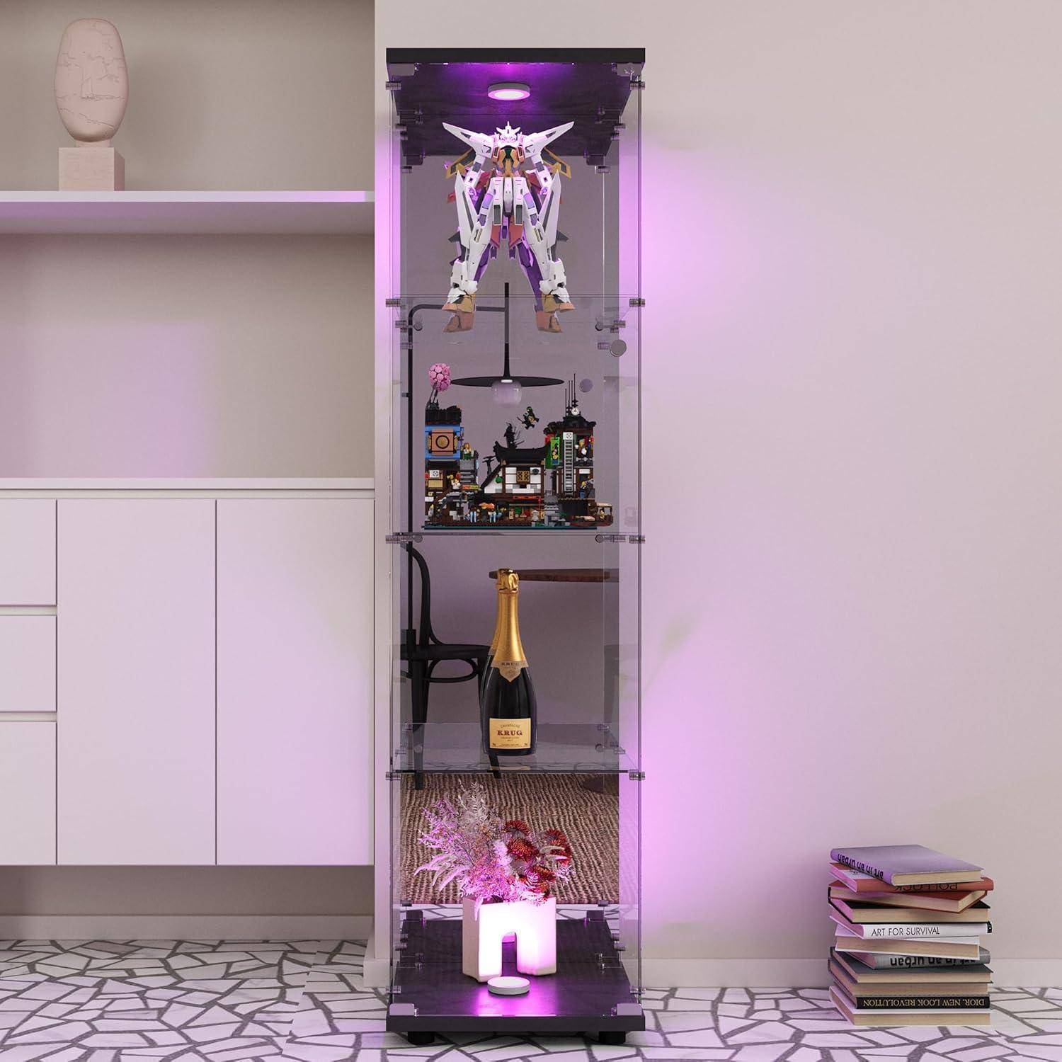 Vitrine aus Glas mit LED und Spiegel, freistehende Vitrine aus Glas mit 1 Tür 4 Einlegeböden transparent Möbel Vitrine Glas Sammlervitrine Wohnzimm