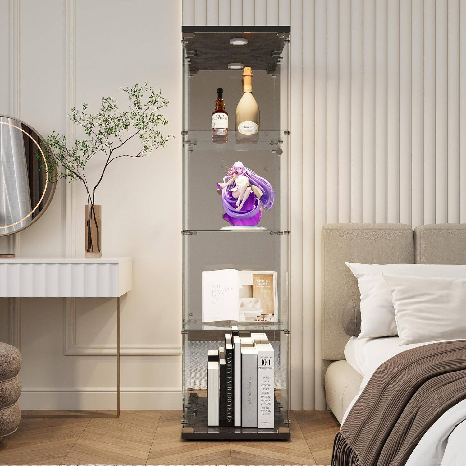 Vitrine aus Glas mit LED und Spiegel, freistehende Vitrine aus Glas mit 1 Tür 4 Einlegeböden transparent Möbel Vitrine Glas Sammlervitrine Wohnzimm