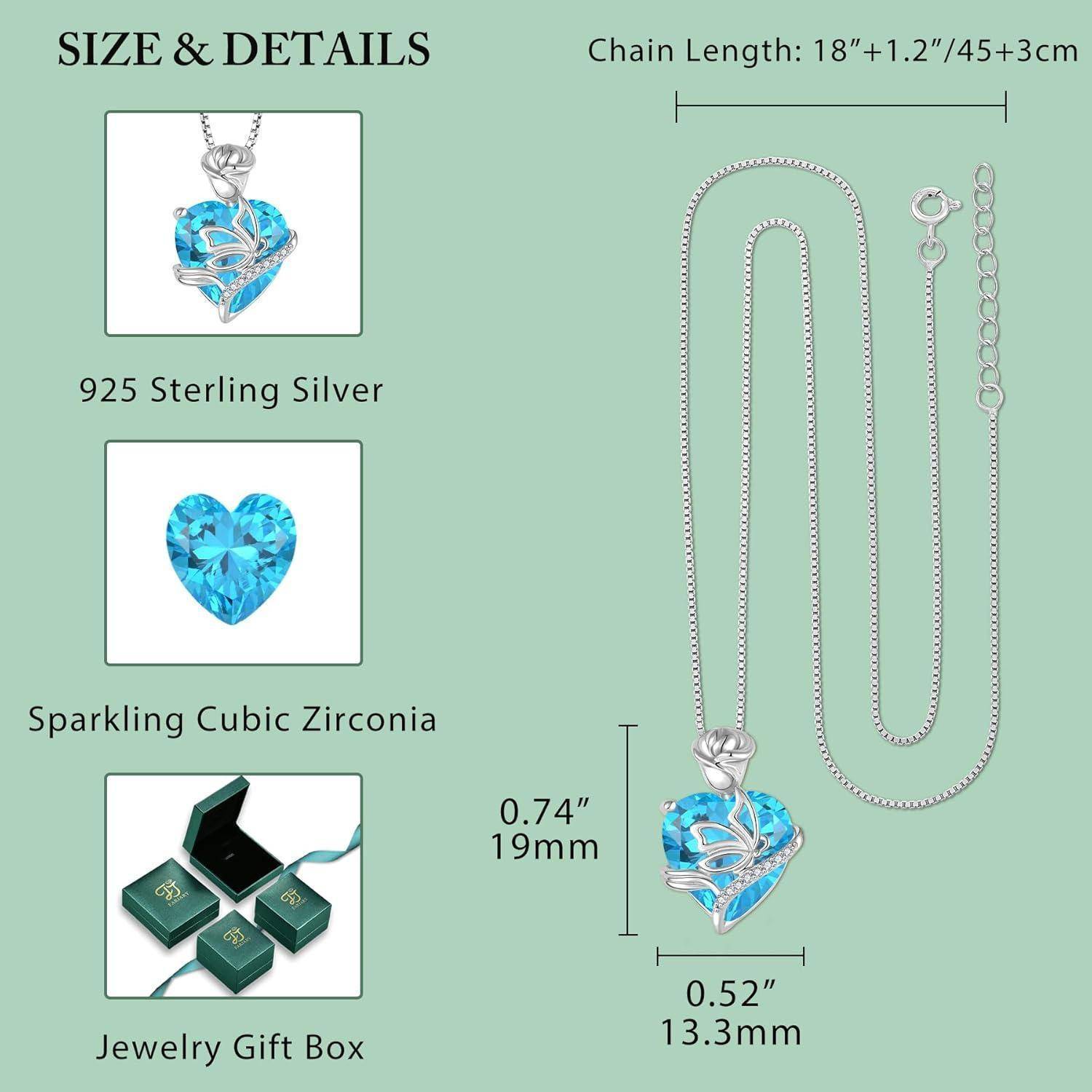 Produktgröße- und Details-Grafik für eine Herzanhänger-Halskette: 925er Sterlingsilber mit funkelndem Zirkonia, Kettenlänge 18+1,2/45+3 cm, Anhänger 0,74 x 0,52 Zoll, mit Geschenkbox.