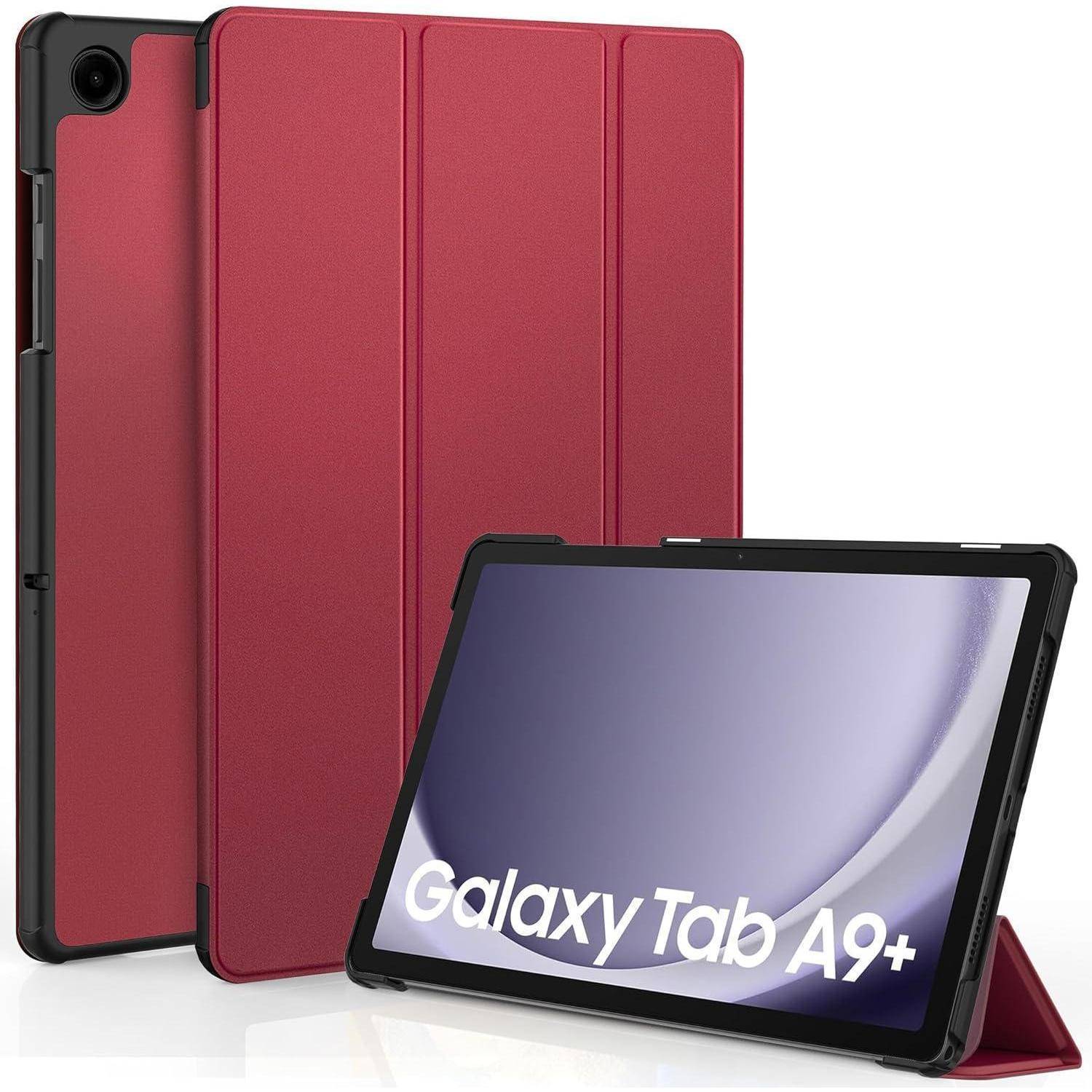 Rote Tablet-Schutzhülle mit Ständer an der Vorderseite, dargestellt auf einem Galaxy Tab A9+ Tablet im Querformat.