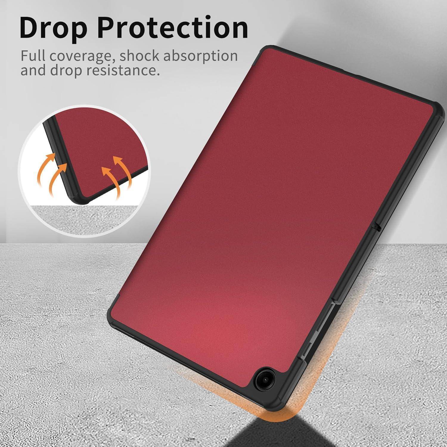 Rote Handyhülle auf einem Gerät mit einer Eckstoß-Einbuchtung und Text „Drop Protection"; betont vollständige Abdeckung, Stoßdämpfung und Sturzbeständigkeit.