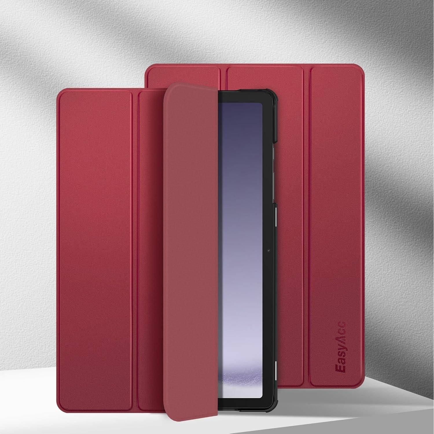 Rotes Tablet-Folio-Etui teilweise geöffnet, das einen schwarzen Tablet-Bildschirm enthüllt; "EasyAcc""-Branding auf der Abdeckung.