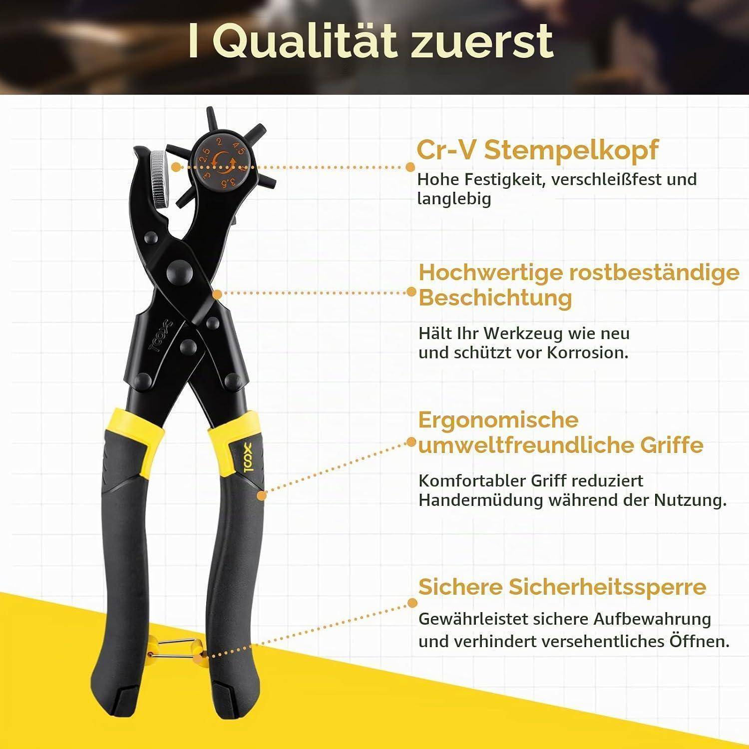 XOOL Leder-Lochzange mit langem Griff – Verbesserte Revolverzange für Gürtel, Schuhe, Sättel &amp; DIY-Lederarbeiten, 6 Rundlochgrößen (2–4,5 mm)