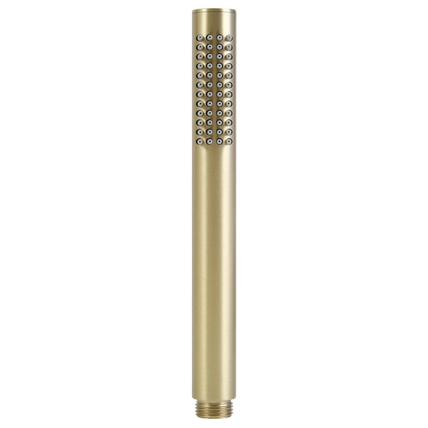 Goldener zylindrischer Duschkopf mit mehreren Sprühdüsen in der Nähe der Oberseite und einem Gewindestutzen am Boden, isoliert auf Weiß.