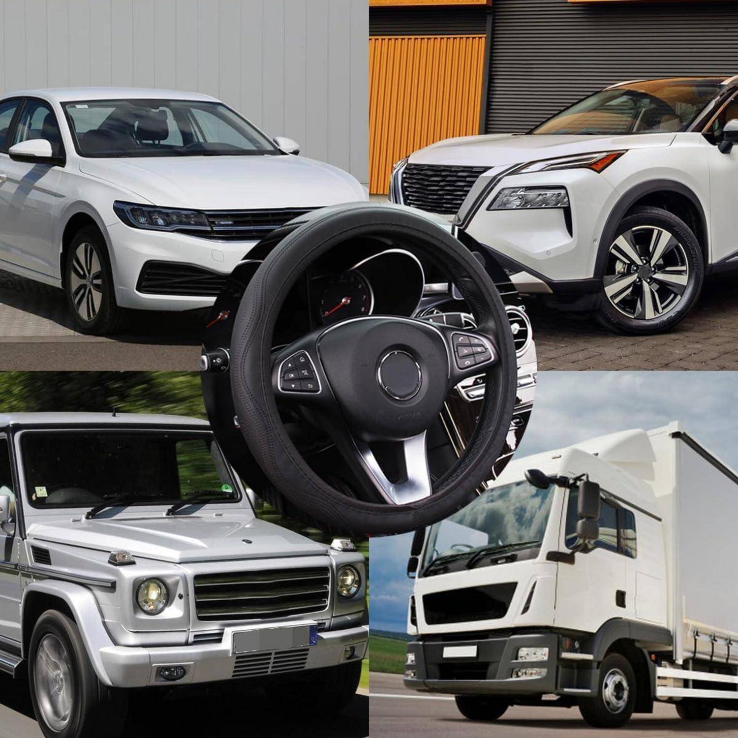 Collage von Fahrzeugtypen mit einem Autolenkrad in der Mitte, umgeben von zwei weißen SUVs, einem boxy SUV und einem weißen Lastkraftwagen.