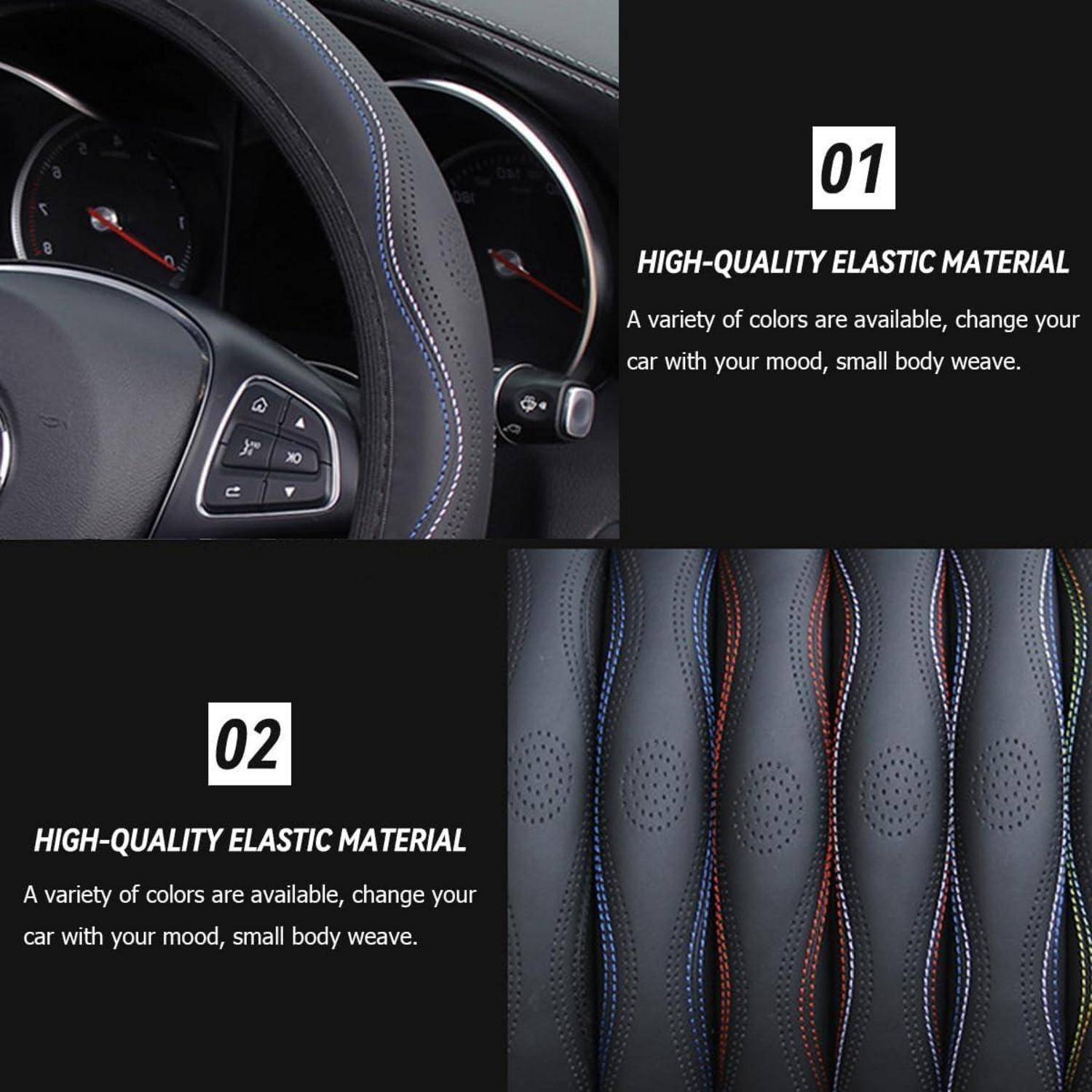 Werbegrafik mit einer Autolenkradabdeckung mit farbigen Nähten und mehreren Farboptionen; der Text besagt „01 HOCHWERTIGES ELASTISCHES MATERIAL" und „02 HOCHWERTIGES ELASTISCHES MATERIAL"