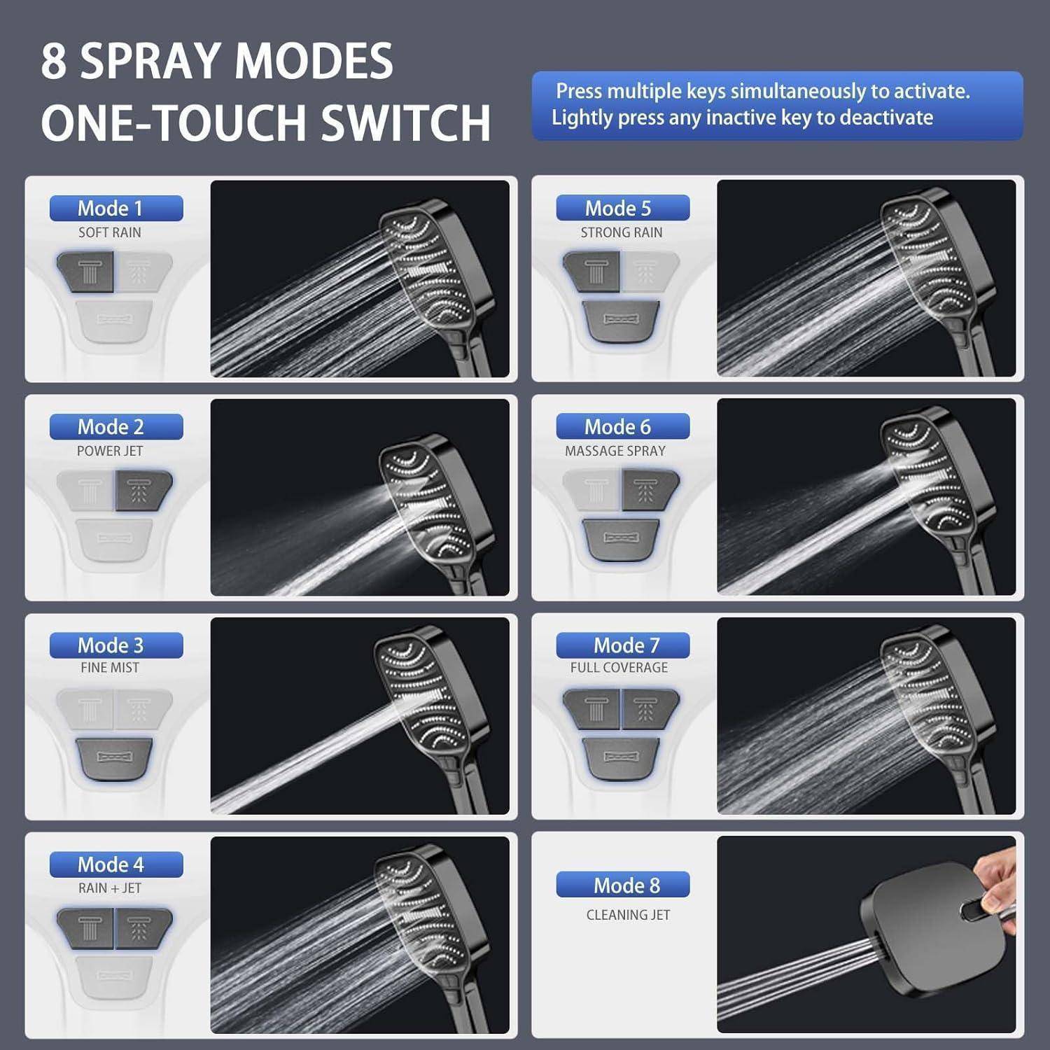 Duschbrause mit 8 Strahlarten & Stoppfunktion – Große Regendusche Handbrause, wassersparend, Brausekopf für Dusche, hoher Wasserdruck, ergonomisch