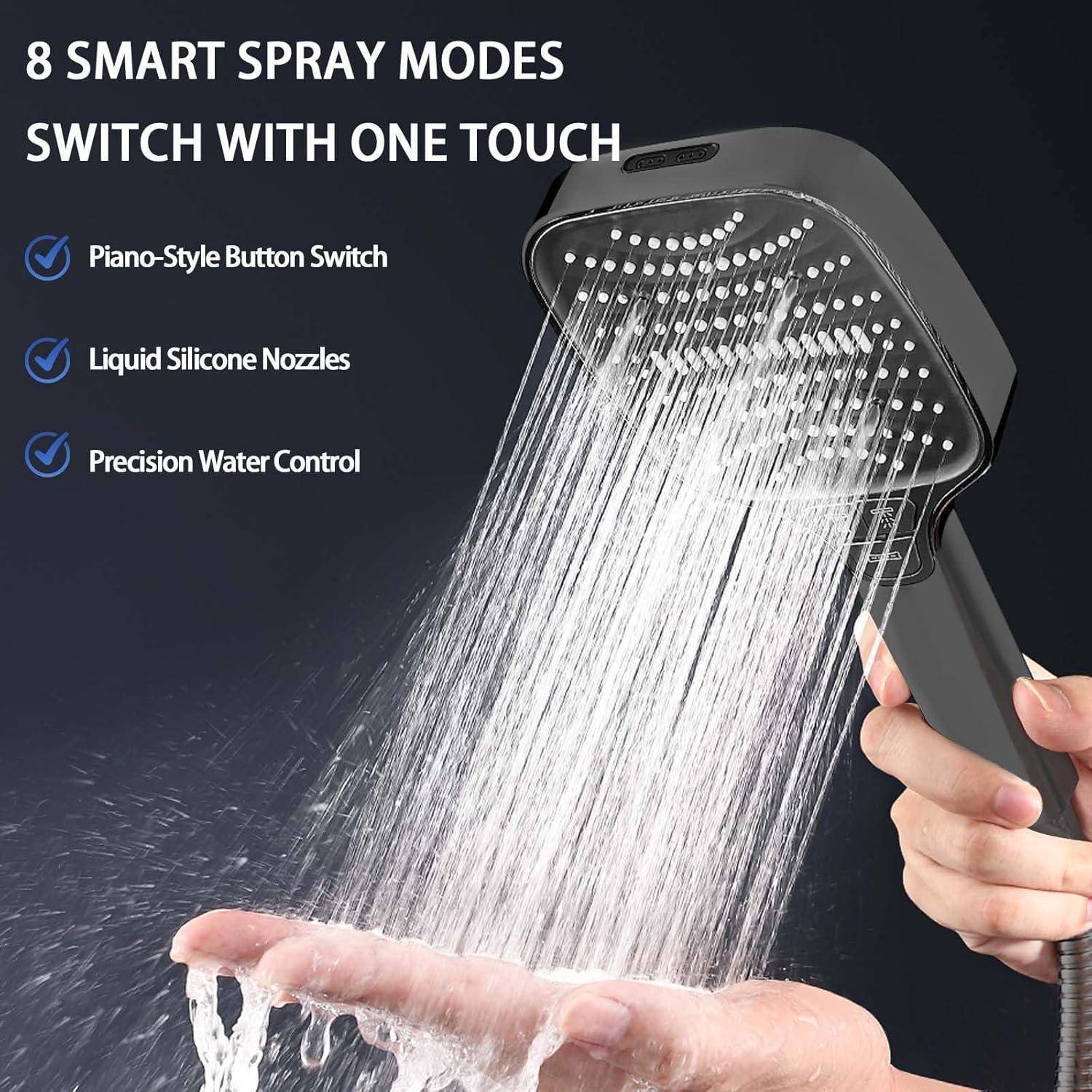 Duschkopf mit Schlauch 1.5m Grau – Duschbrause mit 8 Strahlarten Stoppfunktion – Duschkopf Regendusche groß, Handbrause mit Schlauch, Sparduschko