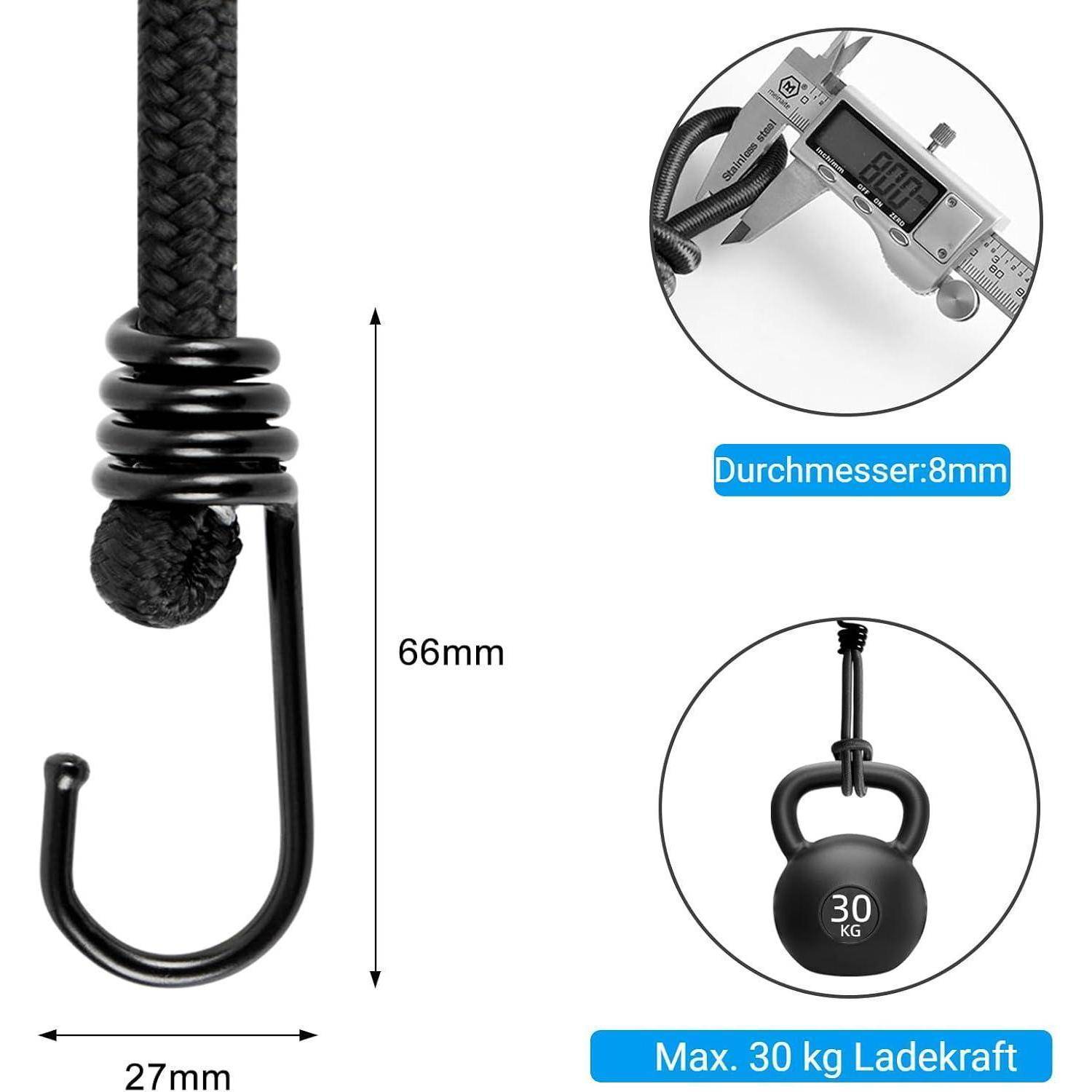 Diagramm eines schwarzen Seillakens mit Abmessungen von 66 mm × 27 mm, 8 mm Durchmesser und maximaler Tragfähigkeit von 30 kg.