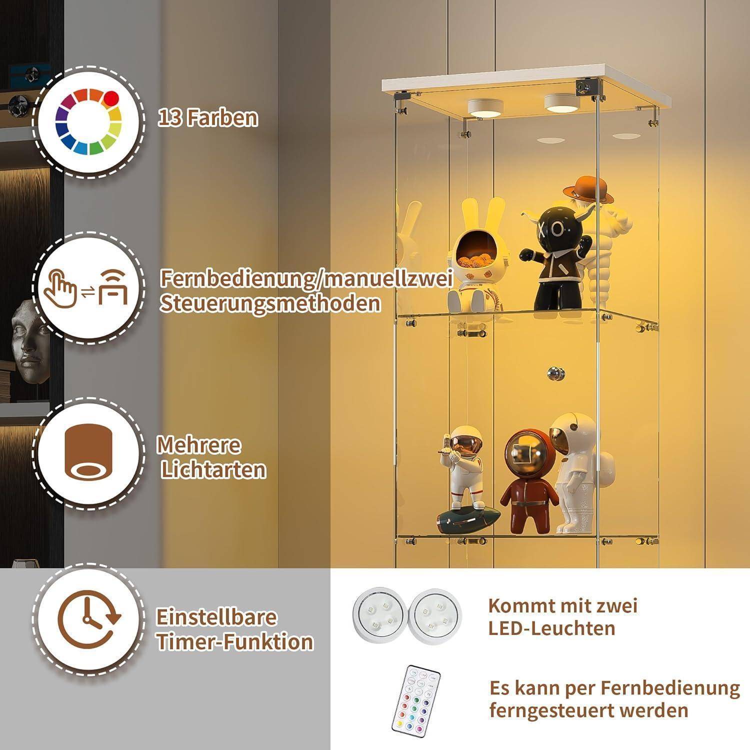 Glasvitrine Standvitrine mit LED,Modern Glas Vitrinenschrank für Sammlerstücke Bücher Wein,4 Glasböden & 1 Türen abschließbar,164x42x36 cm, Wei