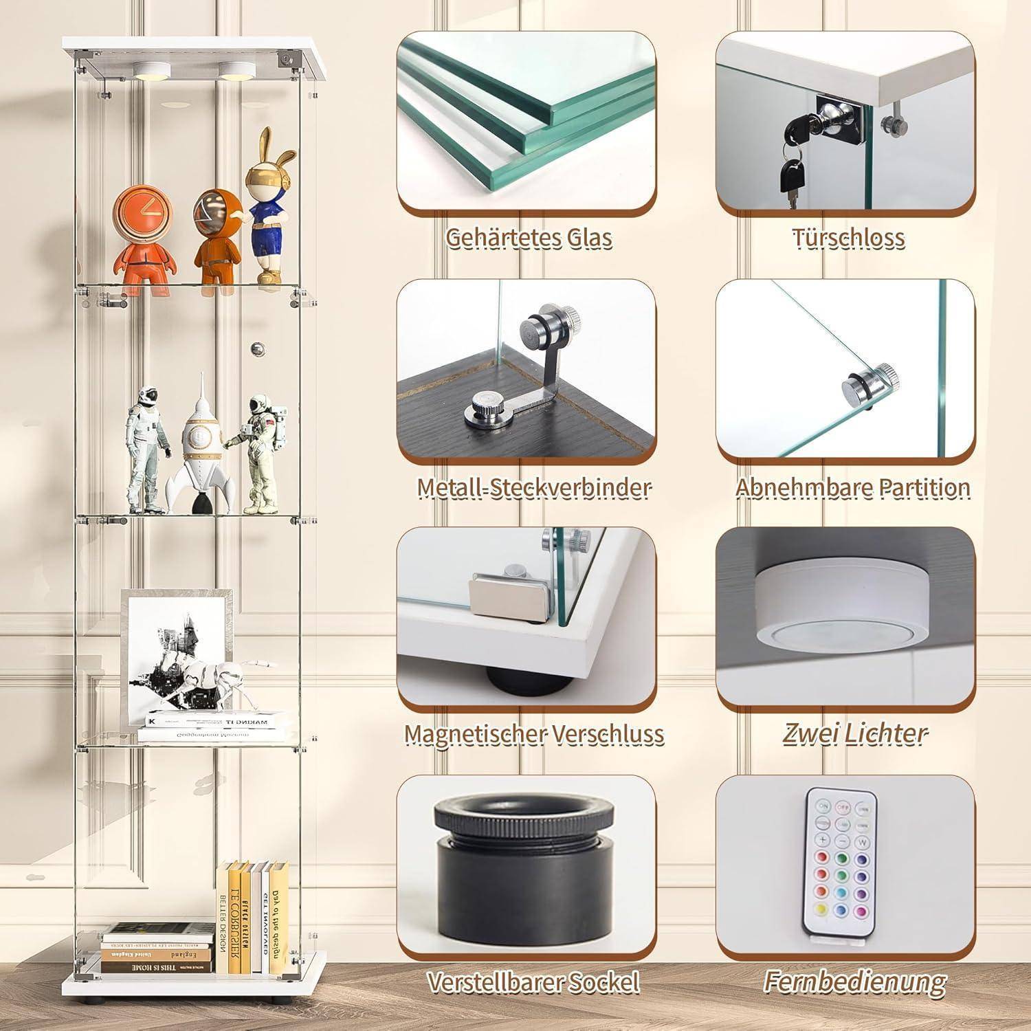 Glasvitrine Standvitrine mit LED,Modern Glas Vitrinenschrank für Sammlerstücke Bücher Wein,4 Glasböden & 1 Türen abschließbar,164x42x36 cm, Wei