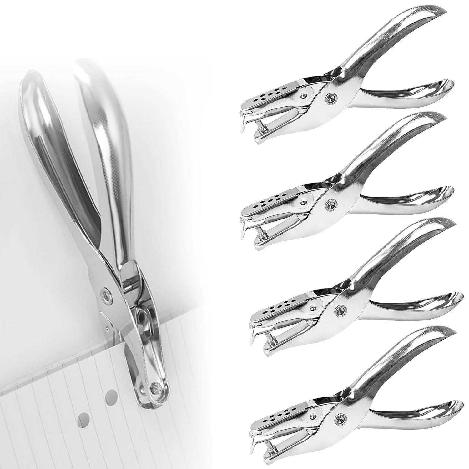 Chrome-Locher mit Einzelloch, dargestellt mit vier Produktansichten auf weißem Hintergrund, die seinen Hebel und den Stanzermechanismus hervorheben.