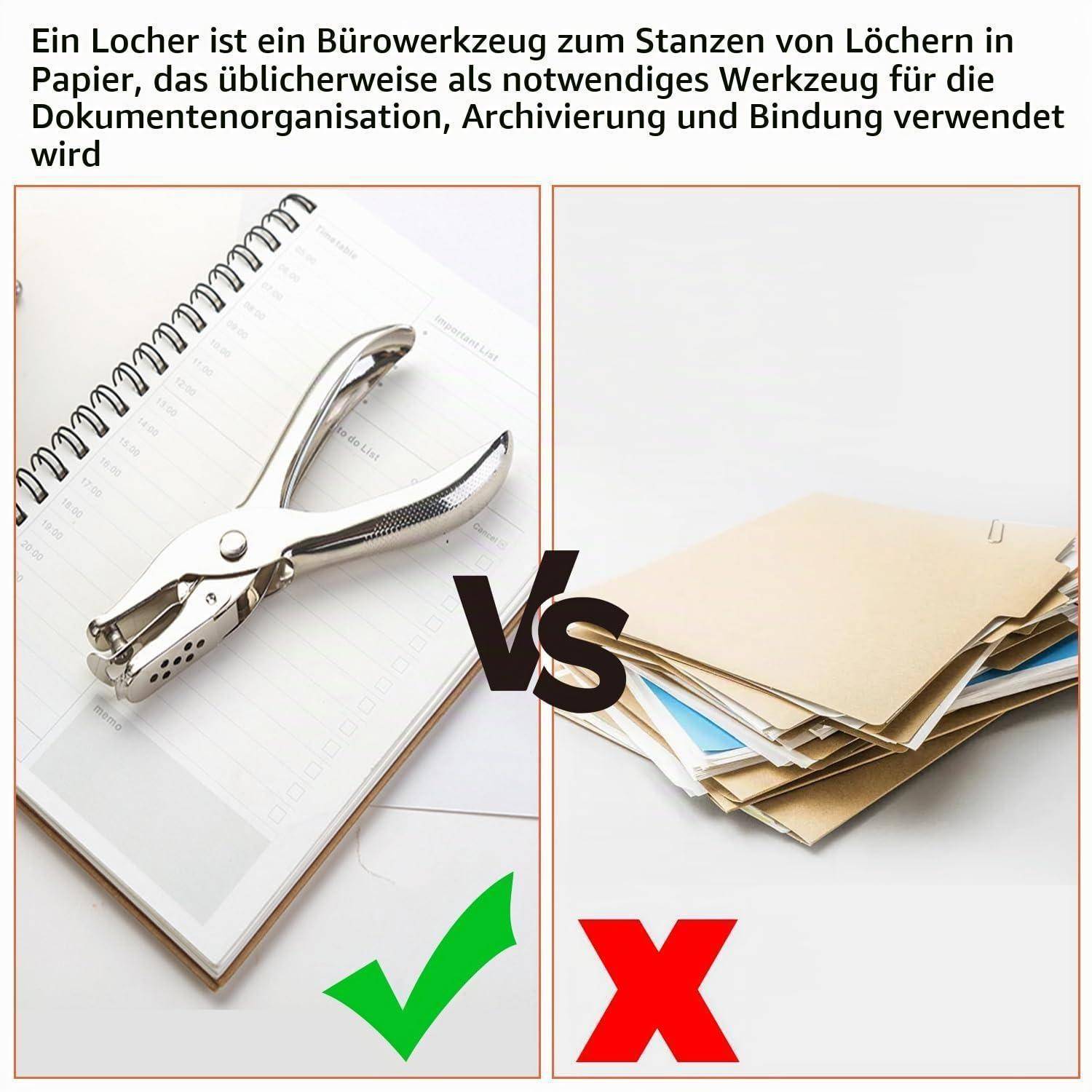 Vergleichsbild, das eine Lochzange mit einem grünen Häkchen gegenüber einem Stapel loser Papiere mit einem roten X zeigt, um die ordnungsgemäße Dokumentenorganisation zu veranschaulichen.