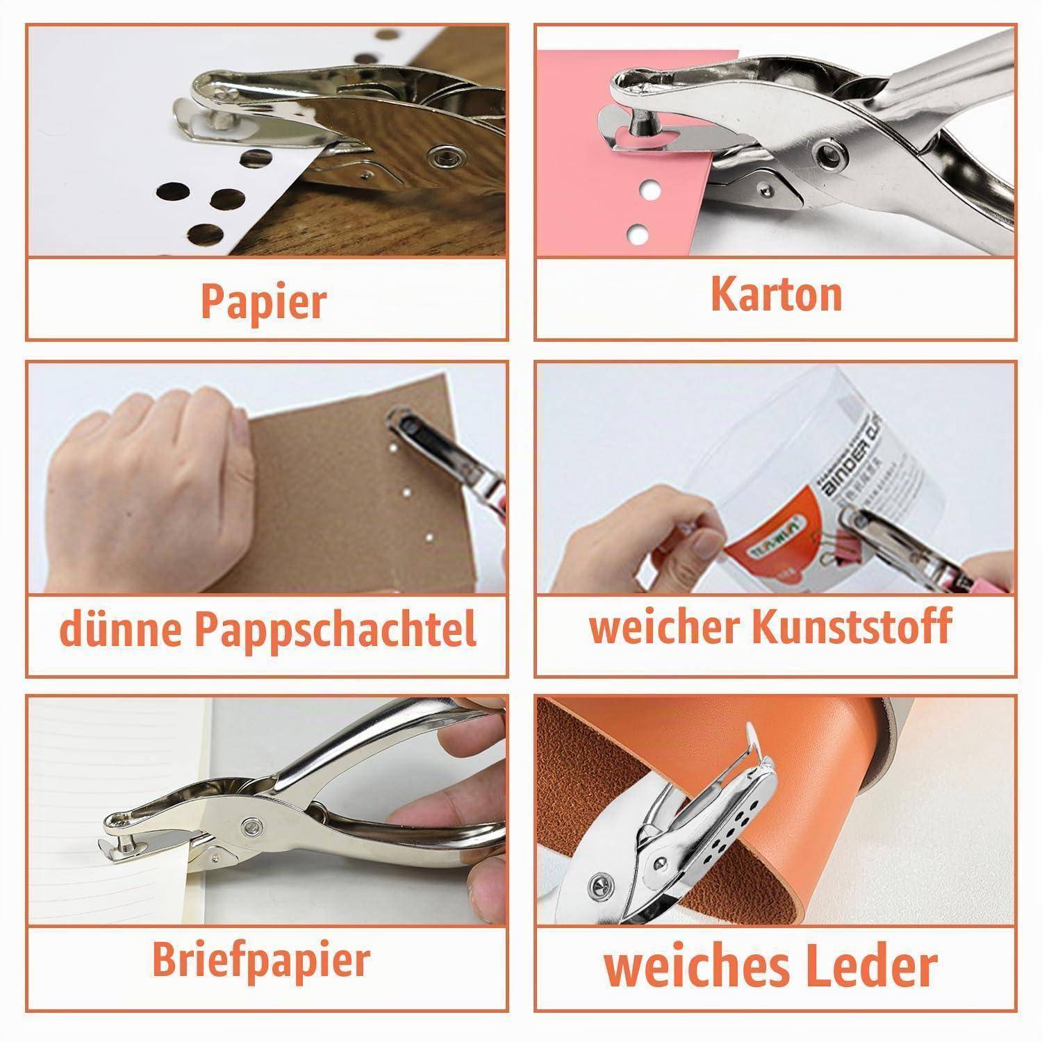 Sechsteiliger Leitfaden, der einen Locher zeigt, der Materialien schneidet, die mit „Papier", „Karton"", „dünne Pappschachtel"", „weicher Kunststoff"", „Briefpapier"" und „weiches Leder"" beschriftet sind.